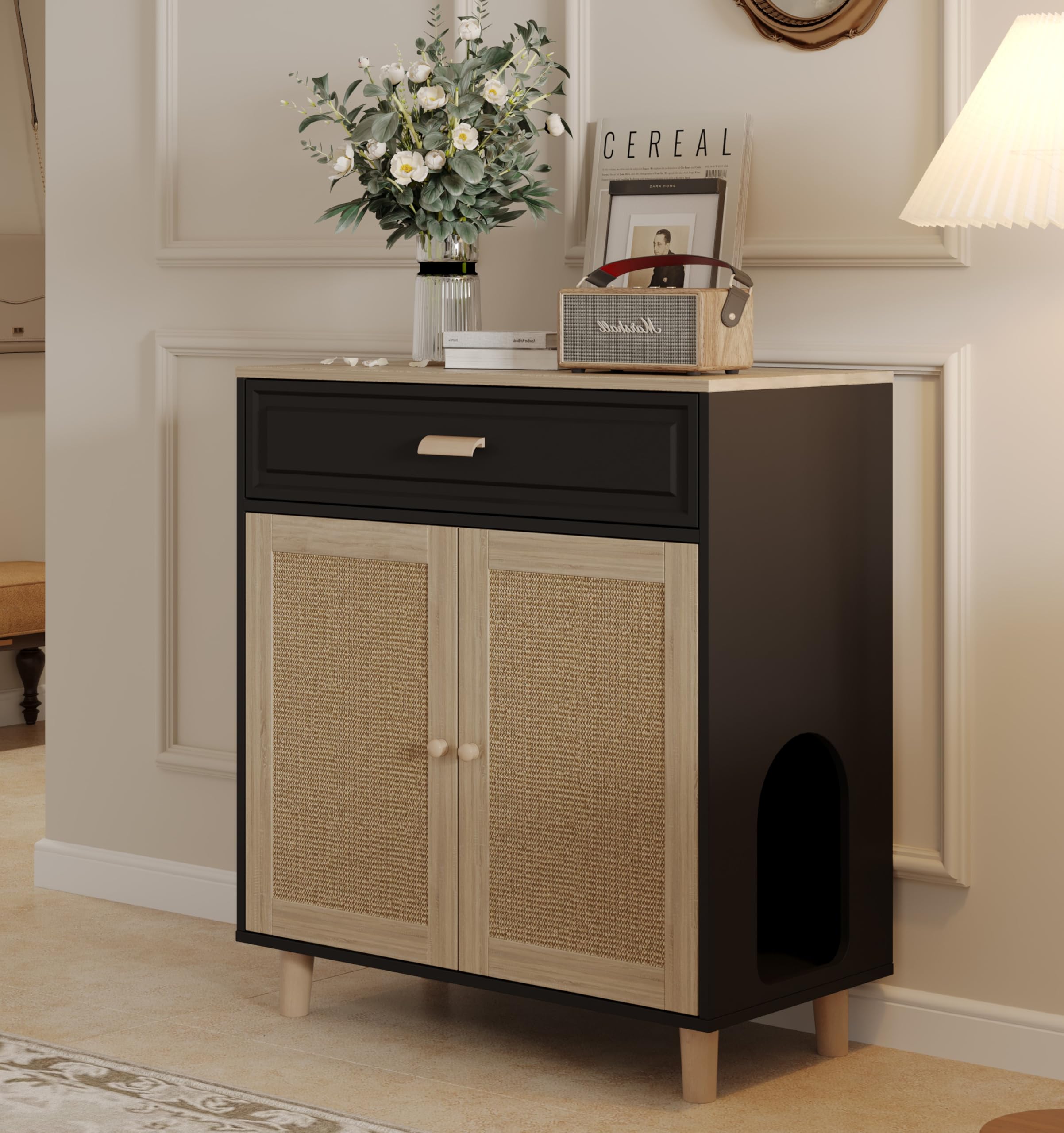 Cat Litter Box Enclosure Furniture Hidden Indoor 2-in-1 Wooden Cat House & Washroom Cabinet with Scratching Board Doors and Drawer, 31.5"x15.7"x34.6"H - Black