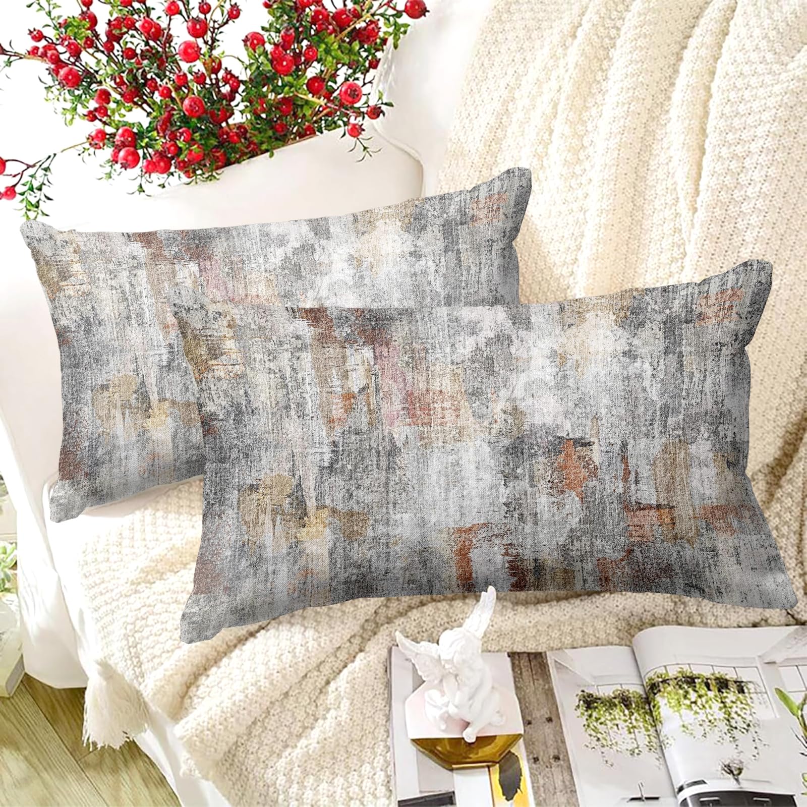 XPHZZL Pack of 2 Gray/Rust Cushion Covers 30cm x 50cm Decorative Square Throw Pillow Covers Home Abstract Style Decor Pillow Cases for Sofa Bedroom Dining Room and Farmhouse 12x20 Inch - Image 3
