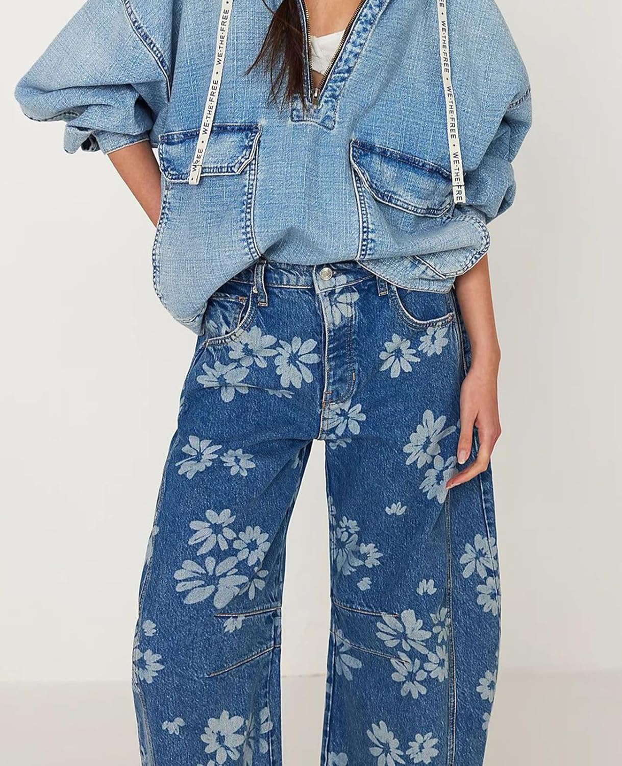 Lisskolo Barrel Jeans for Women Vintage Boho Floral Print Baggy Wide Leg Jeans Y2k Boyfriend Patchwork Denim Pants