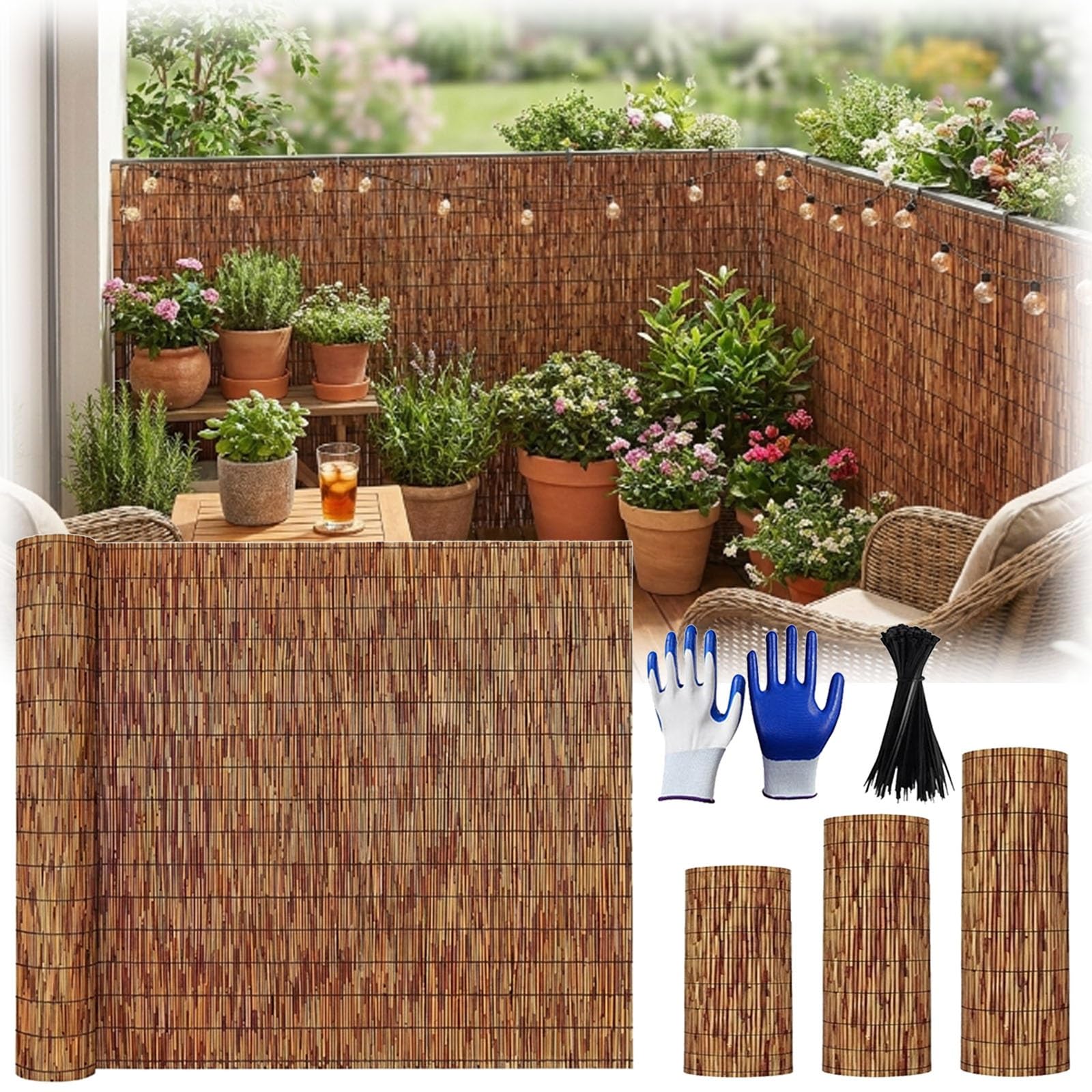 Rollo de Caña Natural para Ocultación de Balcón y Terraza, Valla de Caña Natural Exterior como Malla de Privacidad y Protector de Sombreo para Jardín, Patio y Piscina(61x823cm(2x27ft))