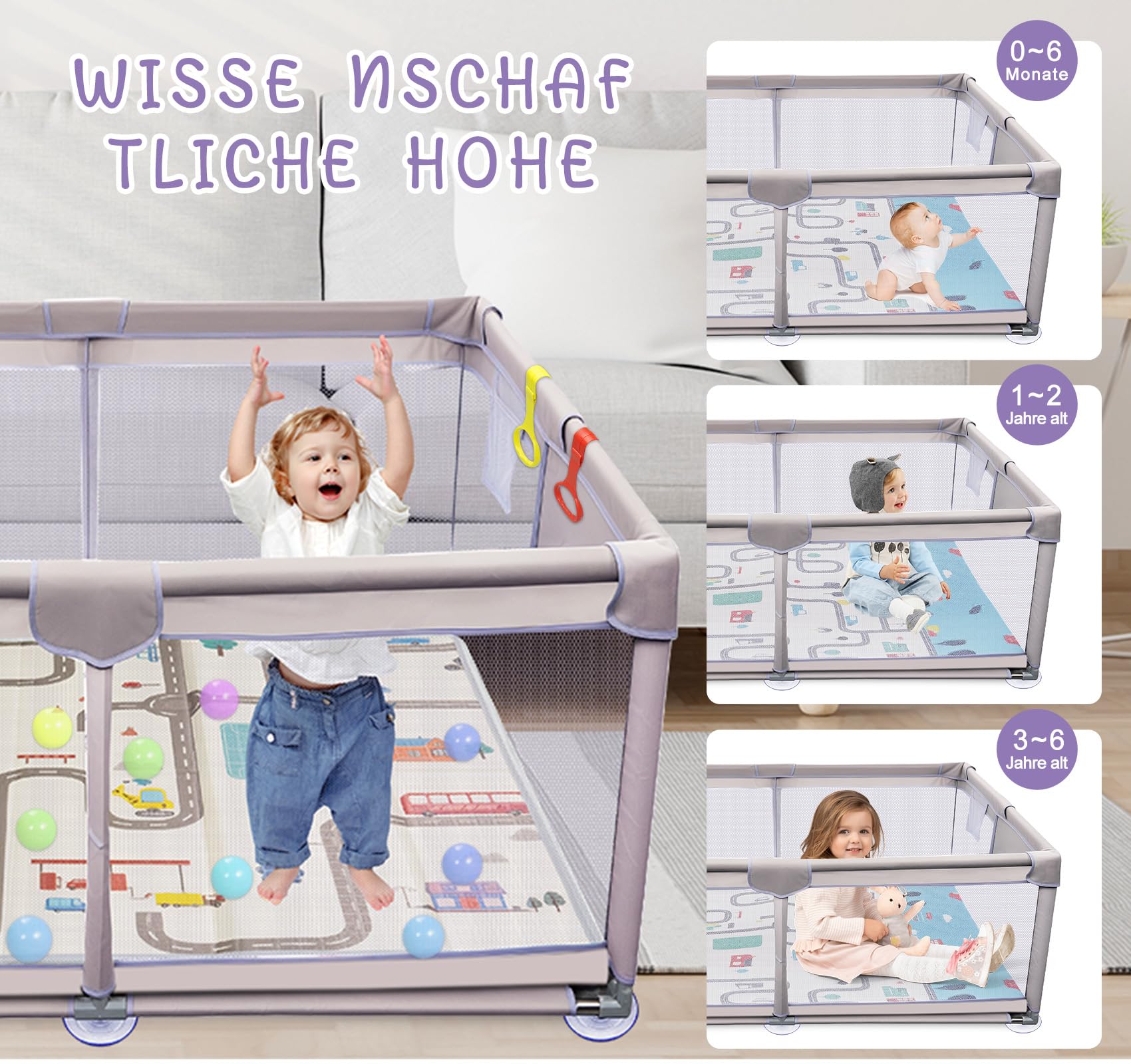 Faltbarer Baby-Laufstall 120x120 cm mit Spielmatte,Anti-Kollision Schaum Absperrgitter mit atmungsaktivem Netz–Der sichere Spielpark für Kind |Perfekter Laufgitter zum Krabbeln, Laufen & Spielen