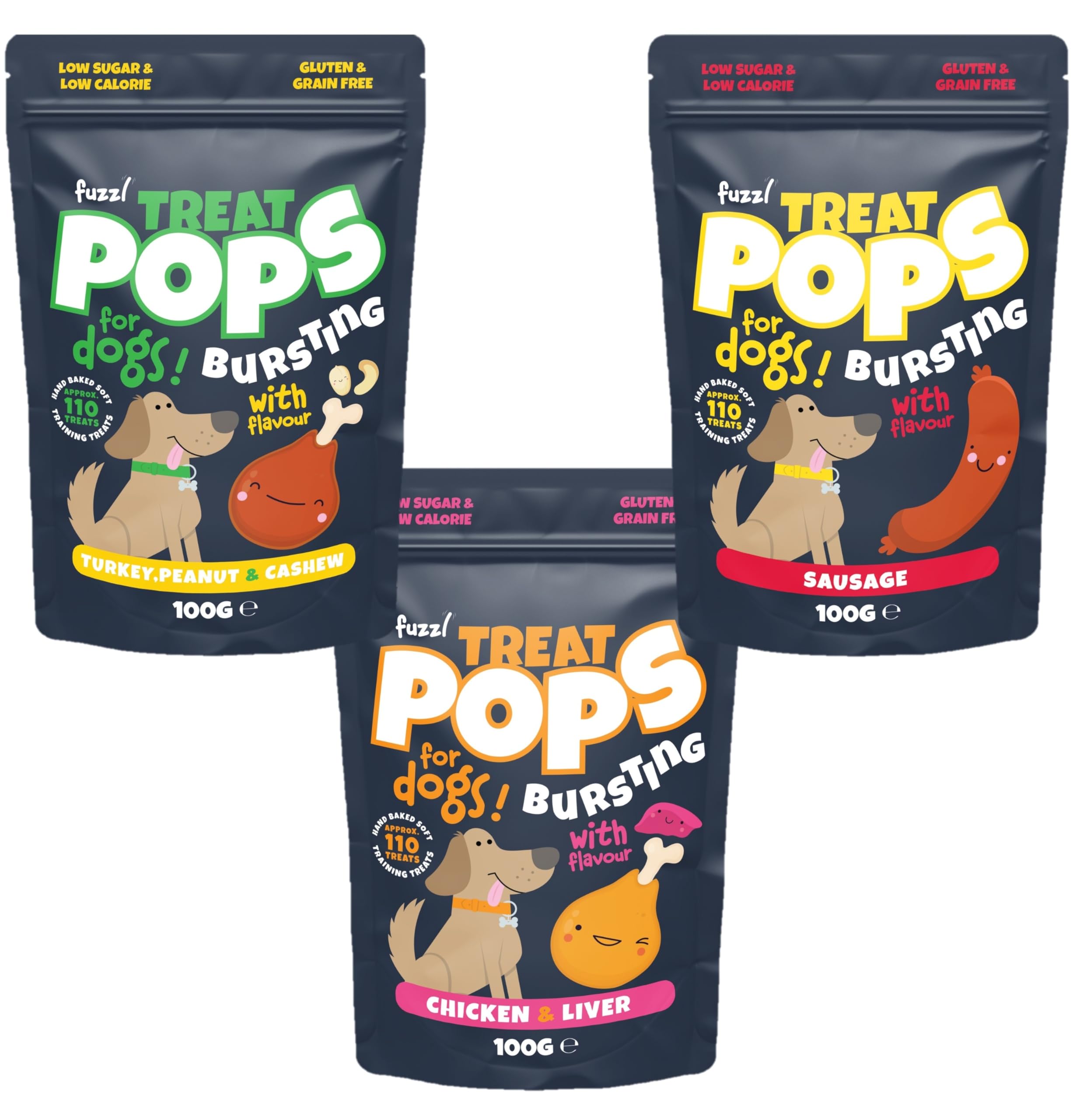 Fuzzl Treat Pops Natural Dog Treats Variety Pack 3 x 100g - Soft Baked Grain Free Dog Chews Biscuits - Training Treat for Small, Medium and Large Dogs