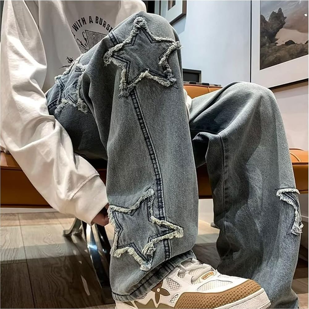 パンツ LGB sky white biker cut-off denim Y2K Men's Ripped Jeans Y2k Distressed Destroyed Straight Denim