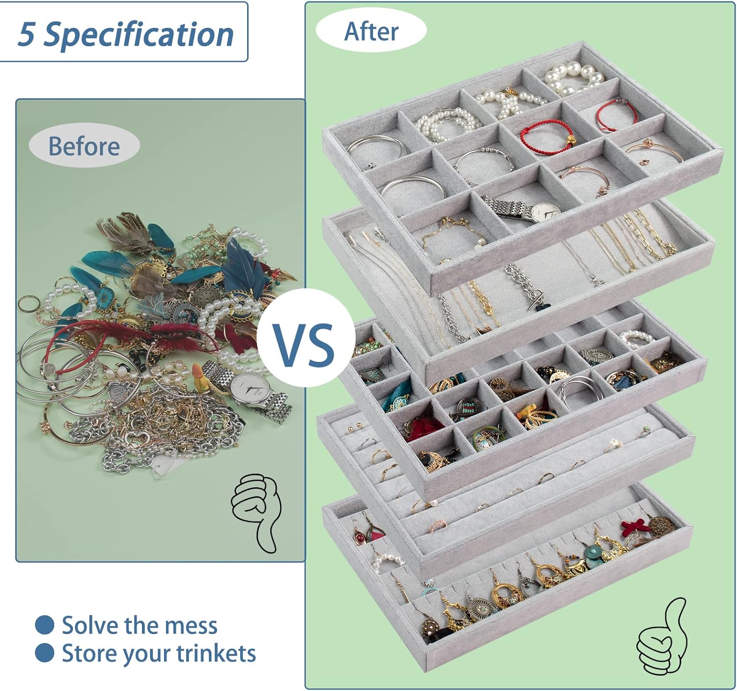 Buy Set of 5 Stackable Ice Velvet Jewelry Trays Organizer for Dresser and Drawer, LASZOLA
