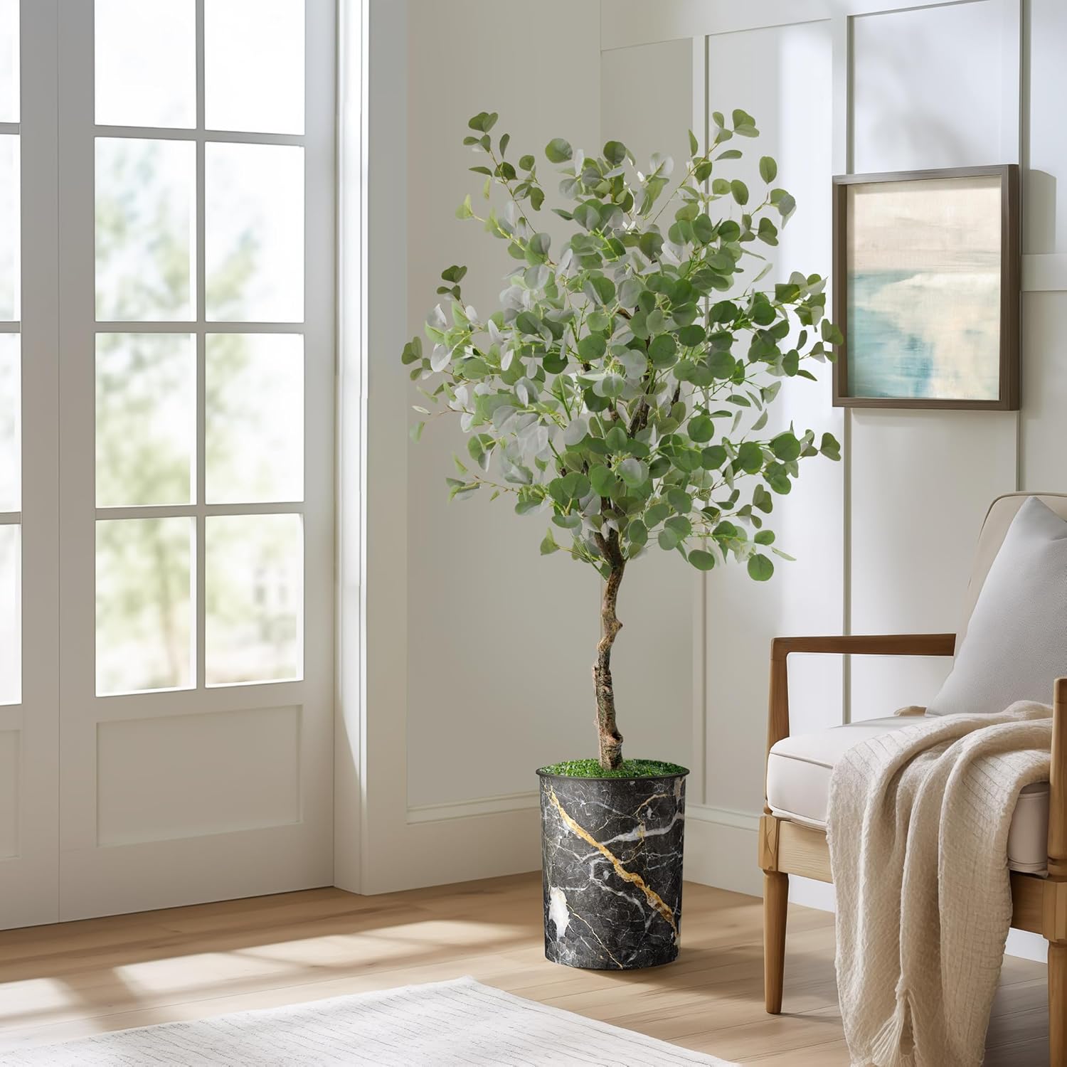 Artificial Tree in Modern Granite Effect Planter, Fake Eucalyptus Silk Tree for Indoor and Outdoor Home Decoration - 57" Overall Tall (Plant Pot Plus Tree)