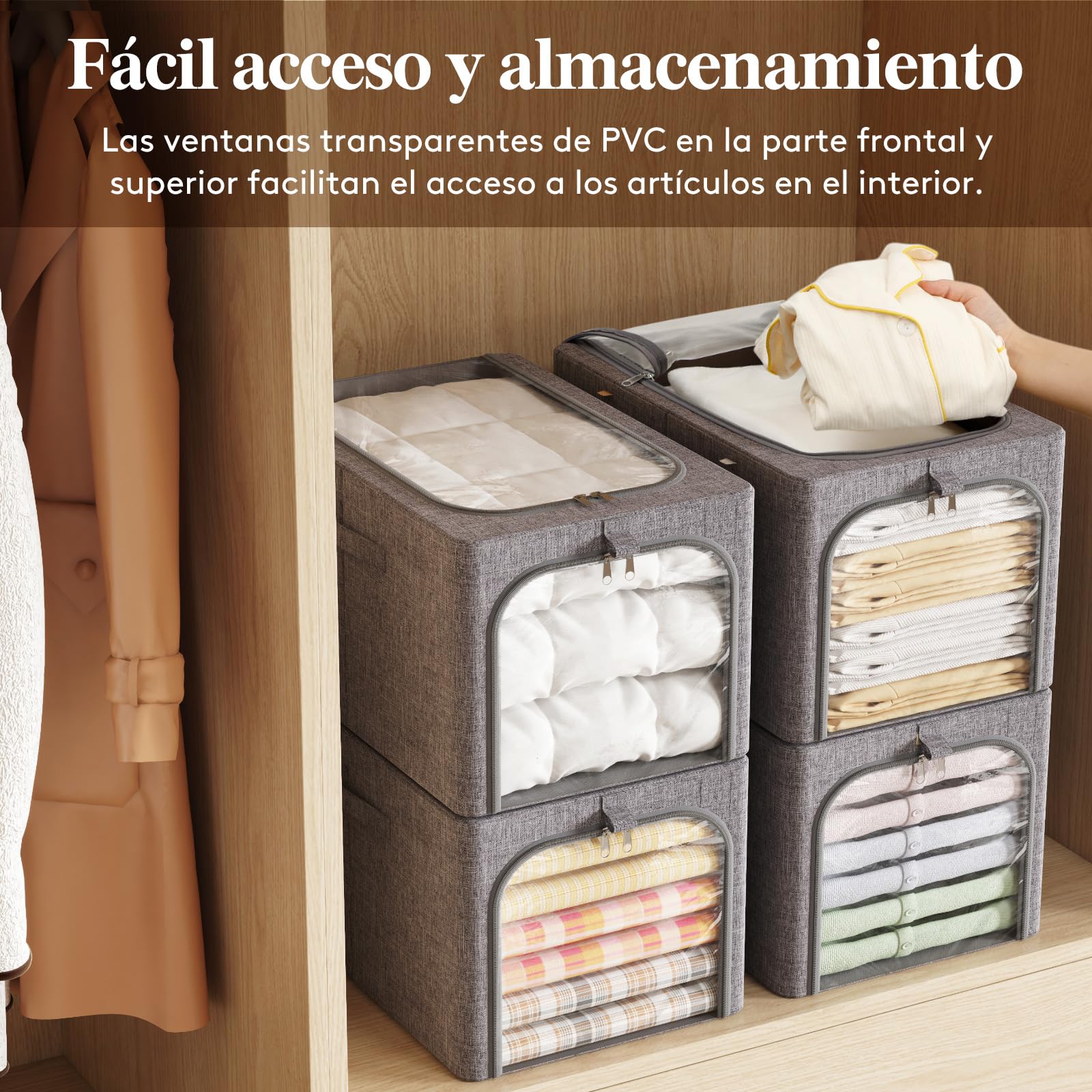Lifewit - Paquete de 4 contenedores de almacenamiento de ropa con marco de metal, contenedores de almacenamiento de ropa plegables con tapas, cajas de almacenamiento apilables de 40L