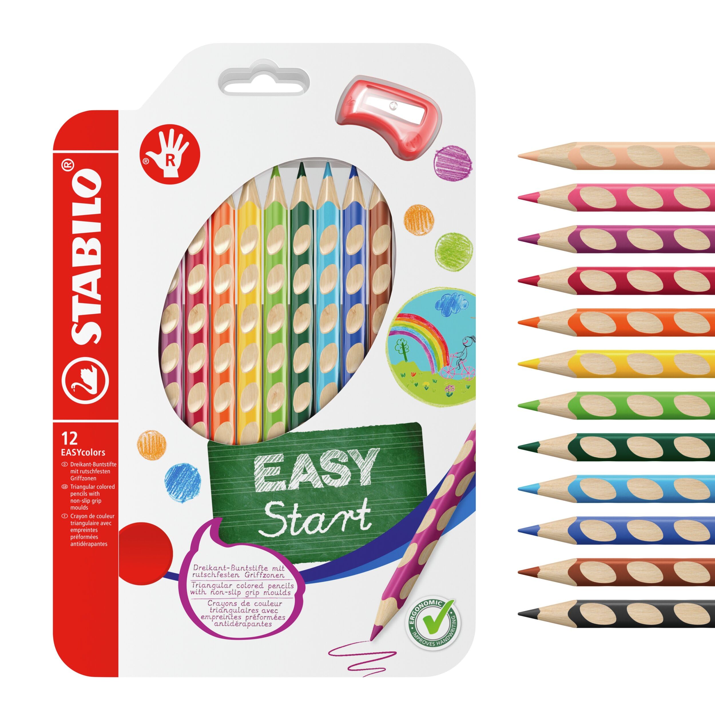 STABILO - Ergonomischer dicker Buntstift für Rechtshänder - EASYcolors - 12er Pack mit Spitzer