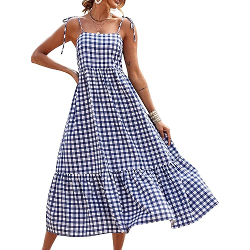 PRETTYGARDEN Summer Dress for Women Plaid Spaghetti Strap Square Neck Tiered Ruffle Flowy Maxi Dresses