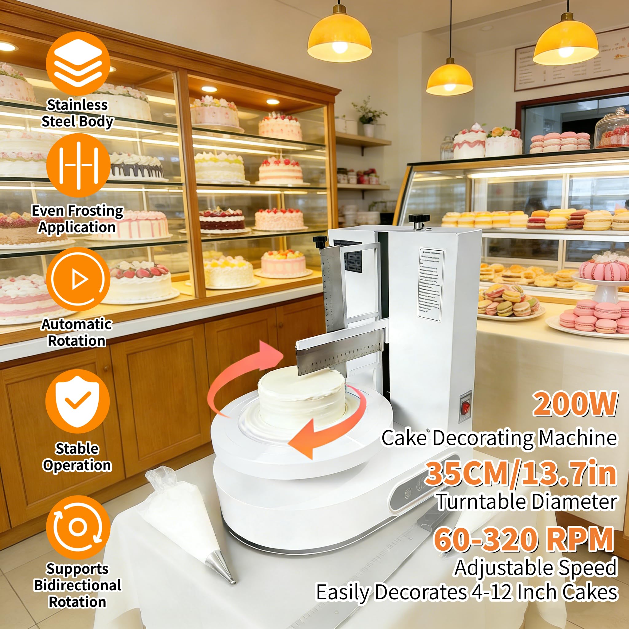 Macchina Decorazione Torte 10–30 cm, Spalmatrice di Glassatura e Glassa Elettrica con velocità Regolabile, 60–320 Giri/min, Spatola Smussata, Doppia Rotazione