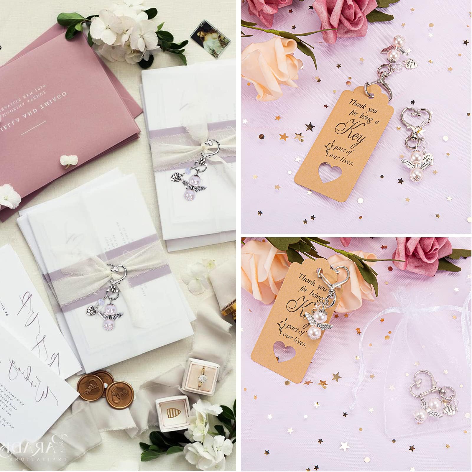Bomboniere Portachiavi Angelo Custode 20 pezzi con sacchetti in seta e bigliettini 'Grazie' per Matrimonio, Battesimo, Comunione, Baby Shower, Compleanno – Regalo ospiti e decorazione festa –