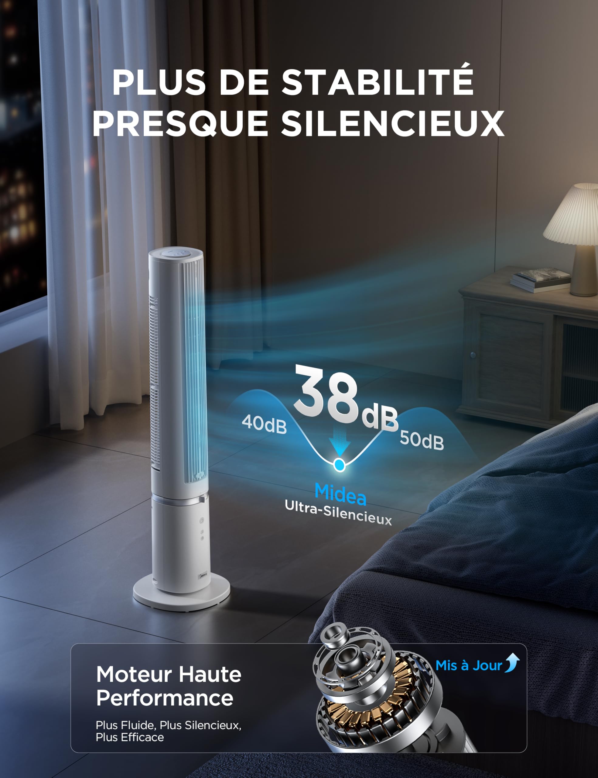 Midea Ventilateur Tour Blanc 103cm pour Chambre, Refroidissement Puissant 9m/s, Omni-Télécommande, Oscillation 90° avec Design Innovant Détachable et Lavable, 4 Vitesses, Minuterie 7H, 28 dB