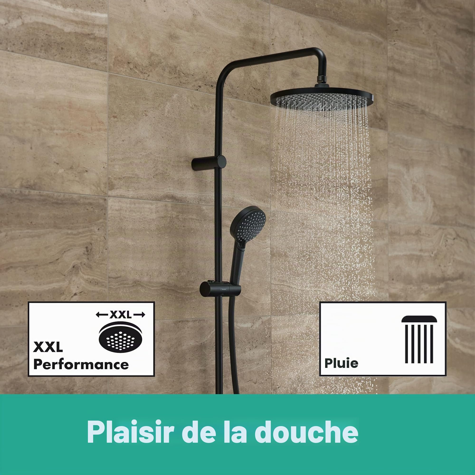 Hansgrohe tête 240mm, Noir Mat, Colonne de Douche Vernis Blend, avec mitigeur thermostatique, 1 Type de Jet, 26426670