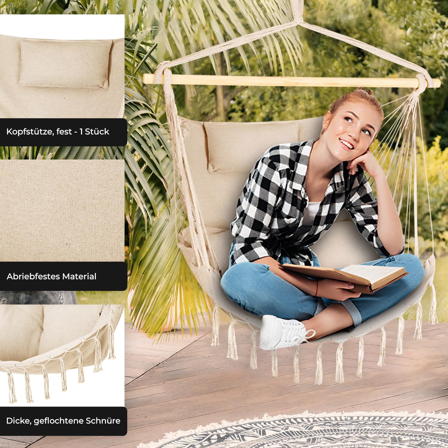 Hängesessel mit Kissen 100x130x75cm – bis 150 kg - Outdoor Sessel mit Kissen - Sitzsack zum Hängen Schaukel Für Garten und Zimmer – Boho – Fransen Brasilianischer Stuhl - Beige