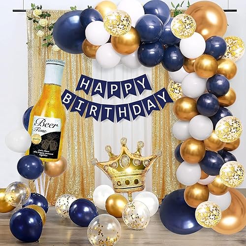 Decoraciones de fiesta de cumpleaños azul marino para hombres mujeres niños y niñas con pancarta de feliz cumpleaños globos de corona globos de
