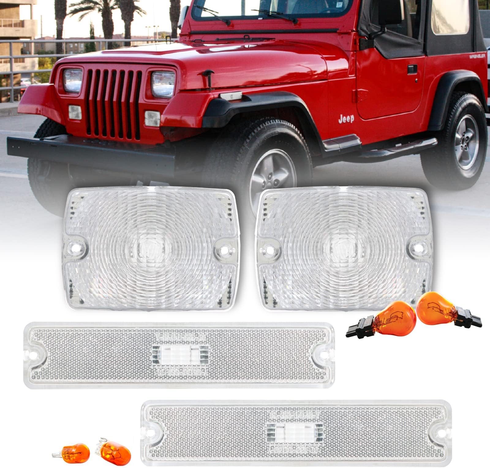 USR DEPO 94-95 YJ Side Marker Lights - COMBO CLEAR Front Bumper Turn Signal Lamps + Fender Parking Sidemarkers Light Set Compatible with 1994-1995 Wrangler YJ Chassis (Clear 4 Pieces)