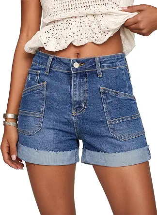 Women's High Waisted Denim Shorts with Folded Hem