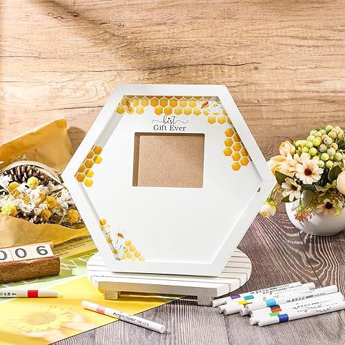 Miniatura 5 de Thyle Marco de sonograma de panal para baby shower con 12 marcadores, regalos de fiesta de baby shower, marco distintivo, libro de invitados, imagen