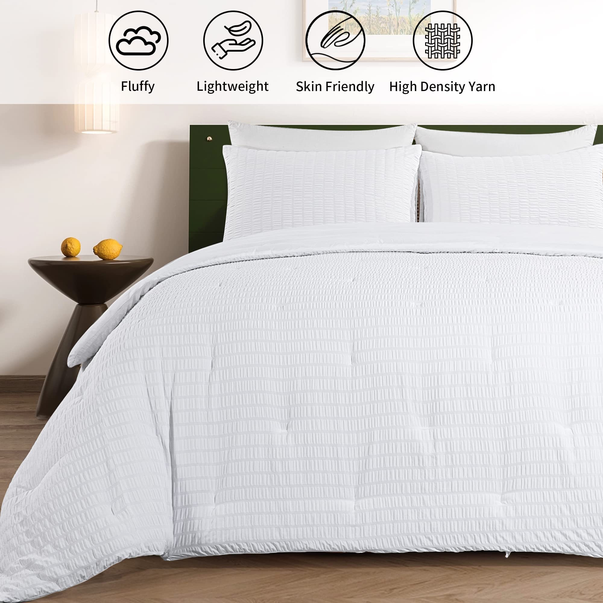 HOMBYS Oversized King Seersucker Comforter Set 128x120, Ultra Soft White Seersucker Bedding Comforter Set, Lightweight Microfiber Down Alternative Comforter 3 Piece Set (1 Comforter, 2 Pillowcases)