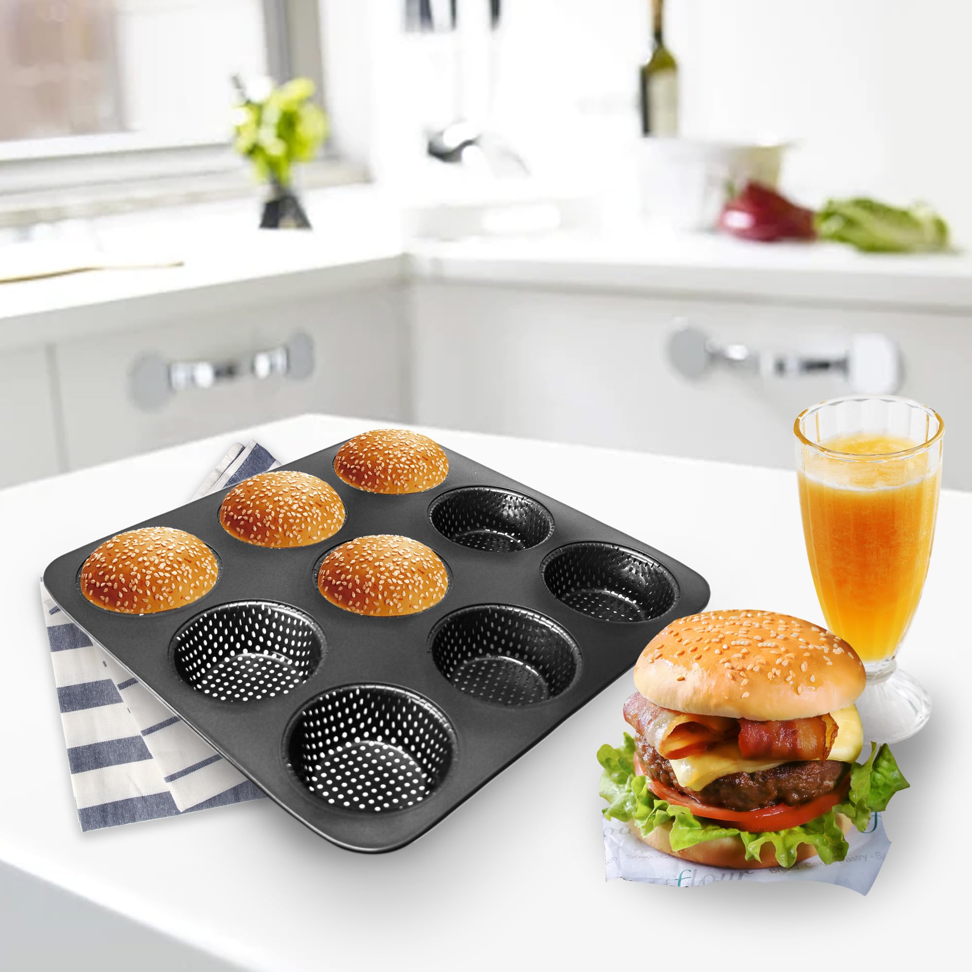 Molde para hornear hamburguesas de 9 cavidades, bandeja antiadherente de acero al carbono con agujeros de ventilación para bollos, magdalenas y pasteles caseros