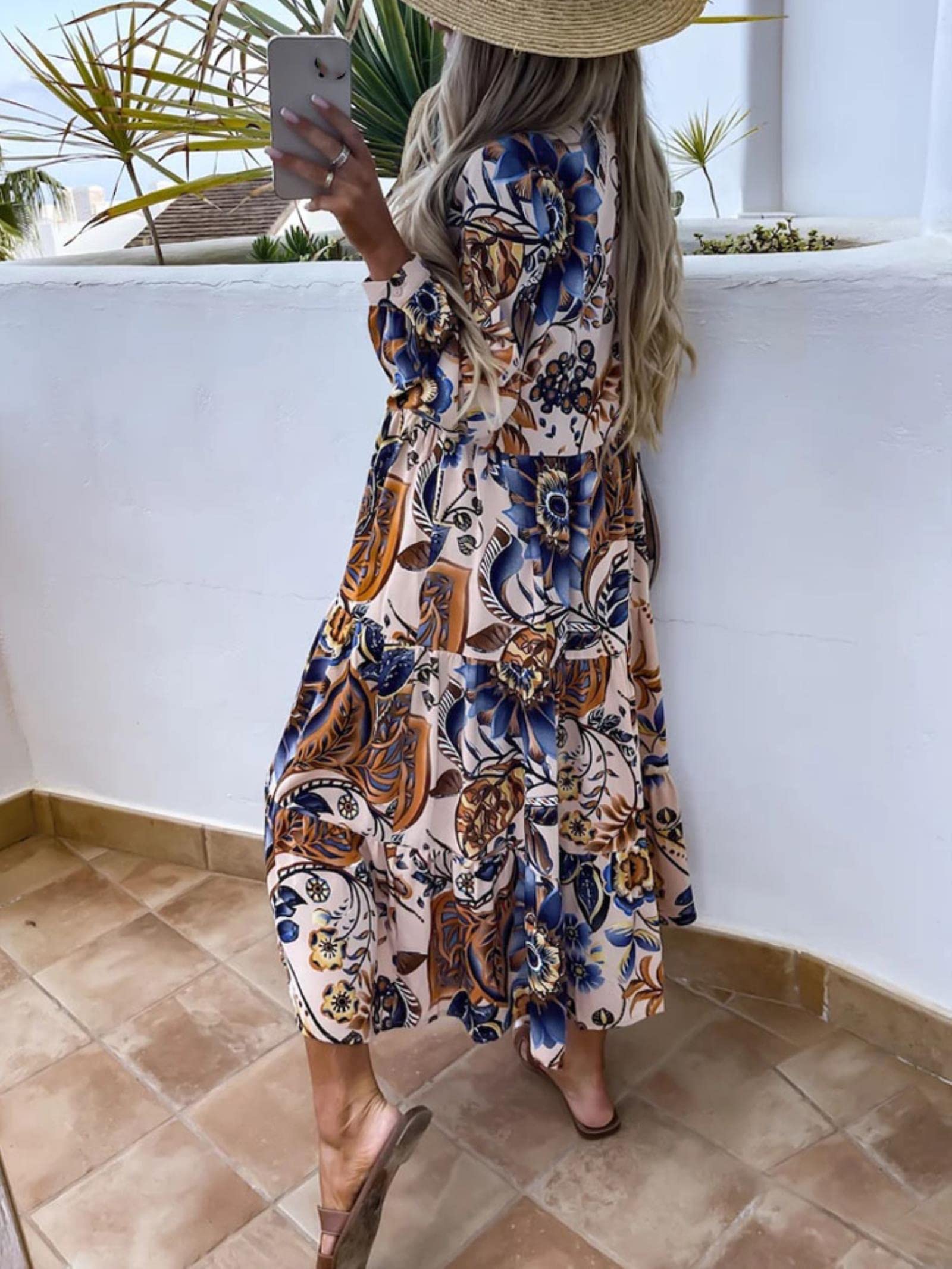 SUYGGCK Letnie sukienki dla kobiet moda wywijany kołnierz guziki długa sukienka eleganckie koszule z nadrukiem kwiatowym sukienka wiosna lato na co dzień luźna sukienka z długim rękawem - 01 biała, XL