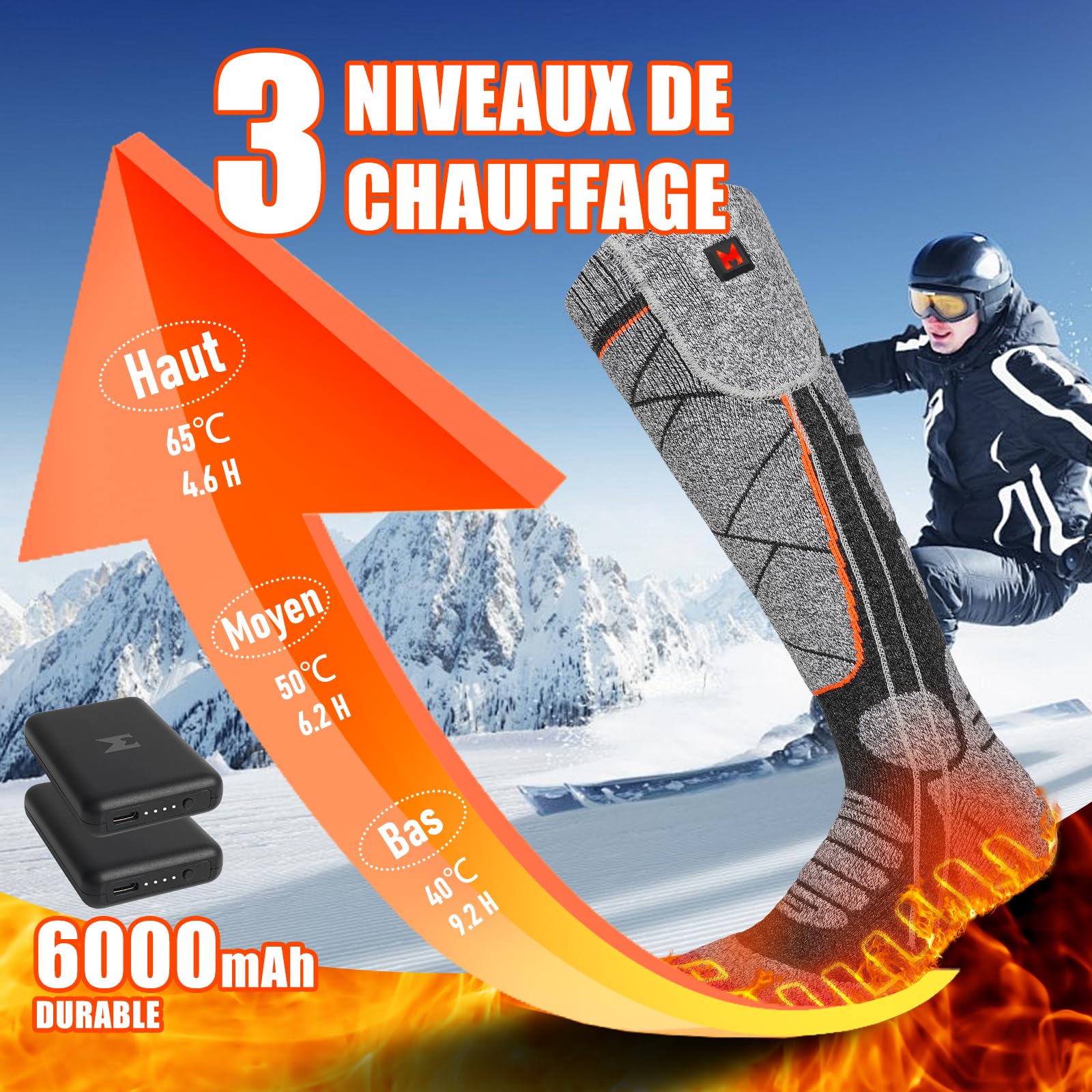 Chaussettes Chauffantes USB Rechargeable 6000mAh 3 Niveaux Chauffage Électrique pour Hommes Femmes Ski Cyclisme Moto Orange Gris