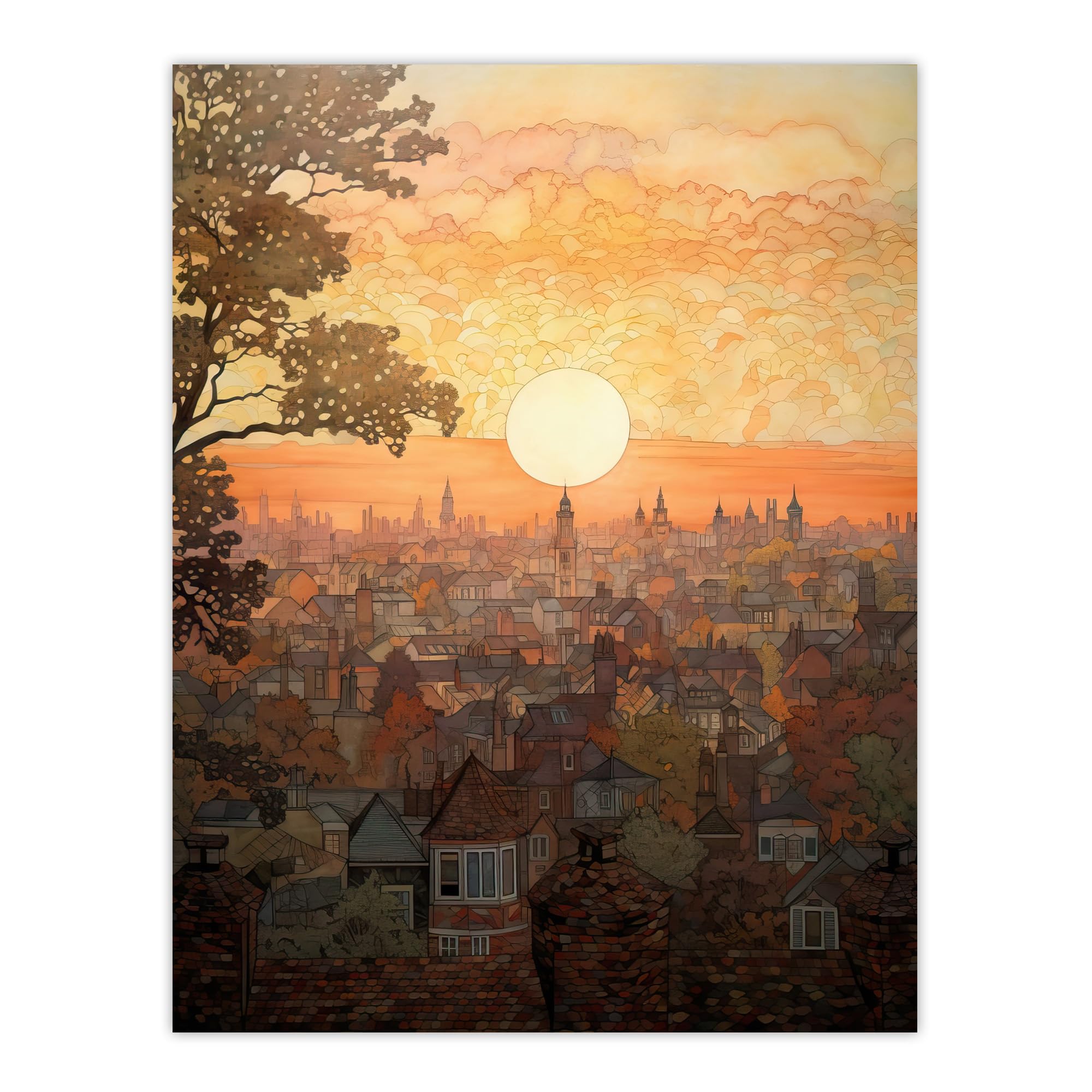 Artery8 Sunset Over Oxford City Watercolour Painting Orange Pink Atmospheric Cityscape Extra Large XL Wall Art Poster Print