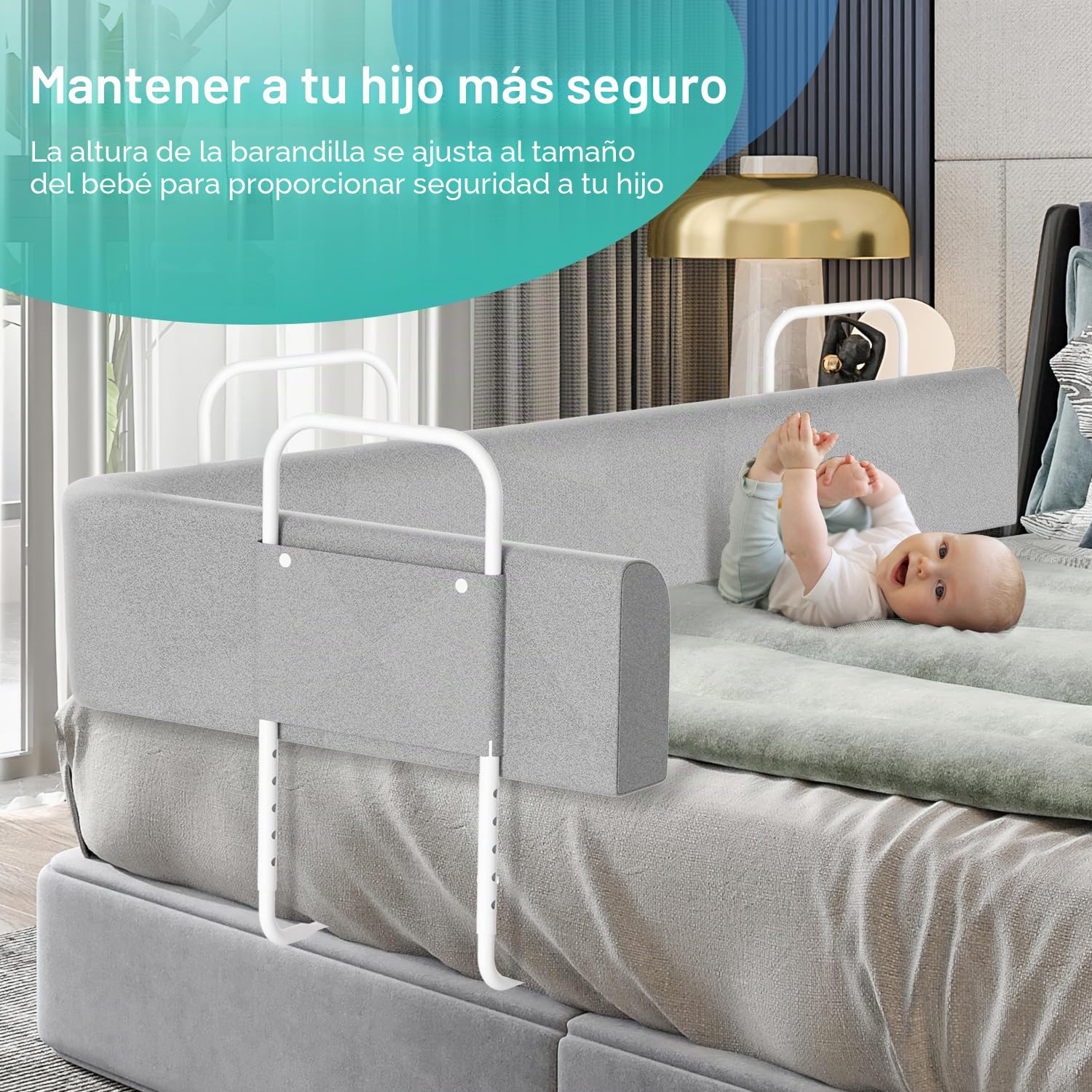 Barrera de cama 200cm Protector de cama barandilla anticaídas cama para niños deformable protección bordes de cama altura ajustable barandilla de seguridad cama con somier barandilla cama
