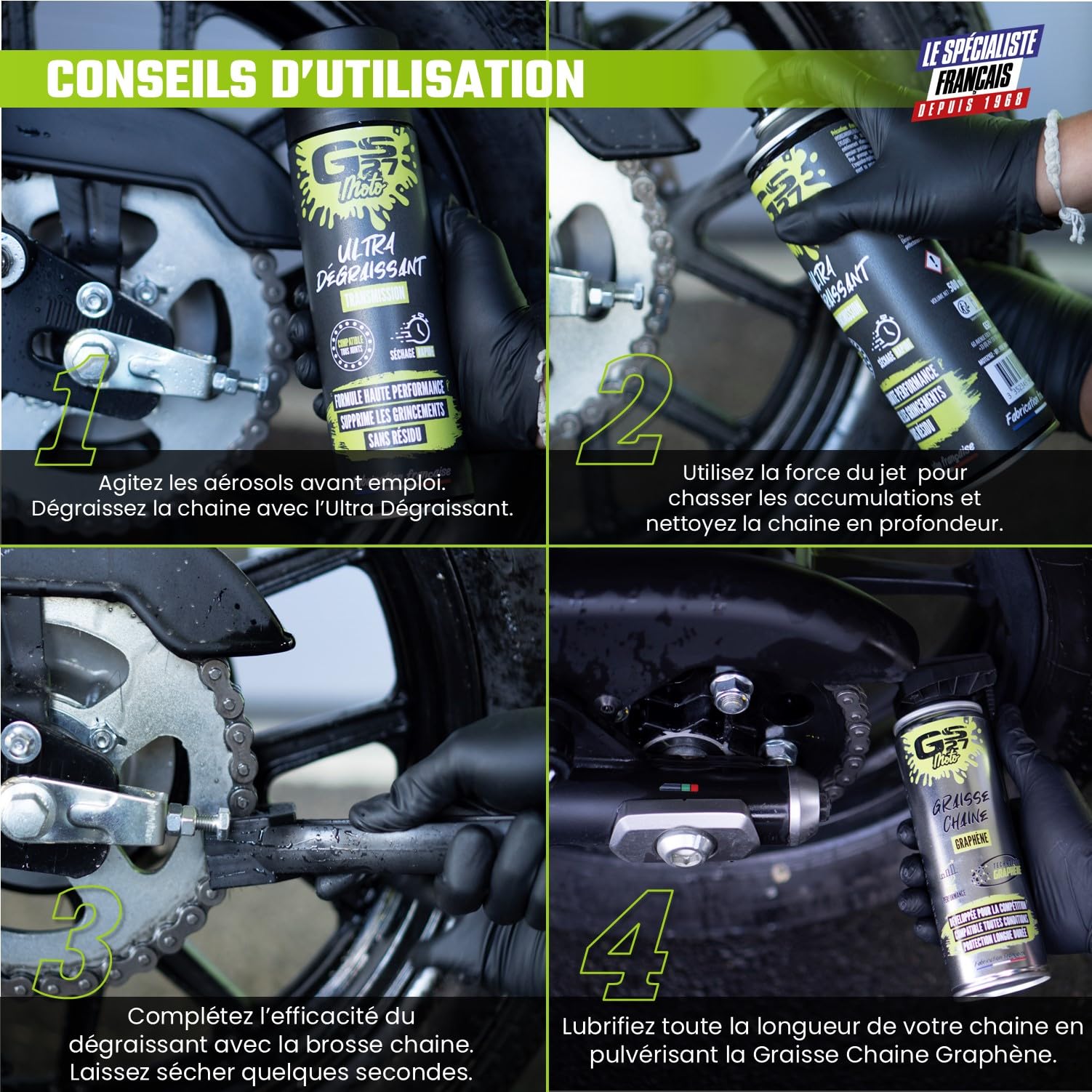 GS27 - Kit Entretien Chaine GS27 Moto - Haute Perfromance - 1 Ultra Dégraissant / 1 Graisse Graphène / 1 Brosse Chaine
