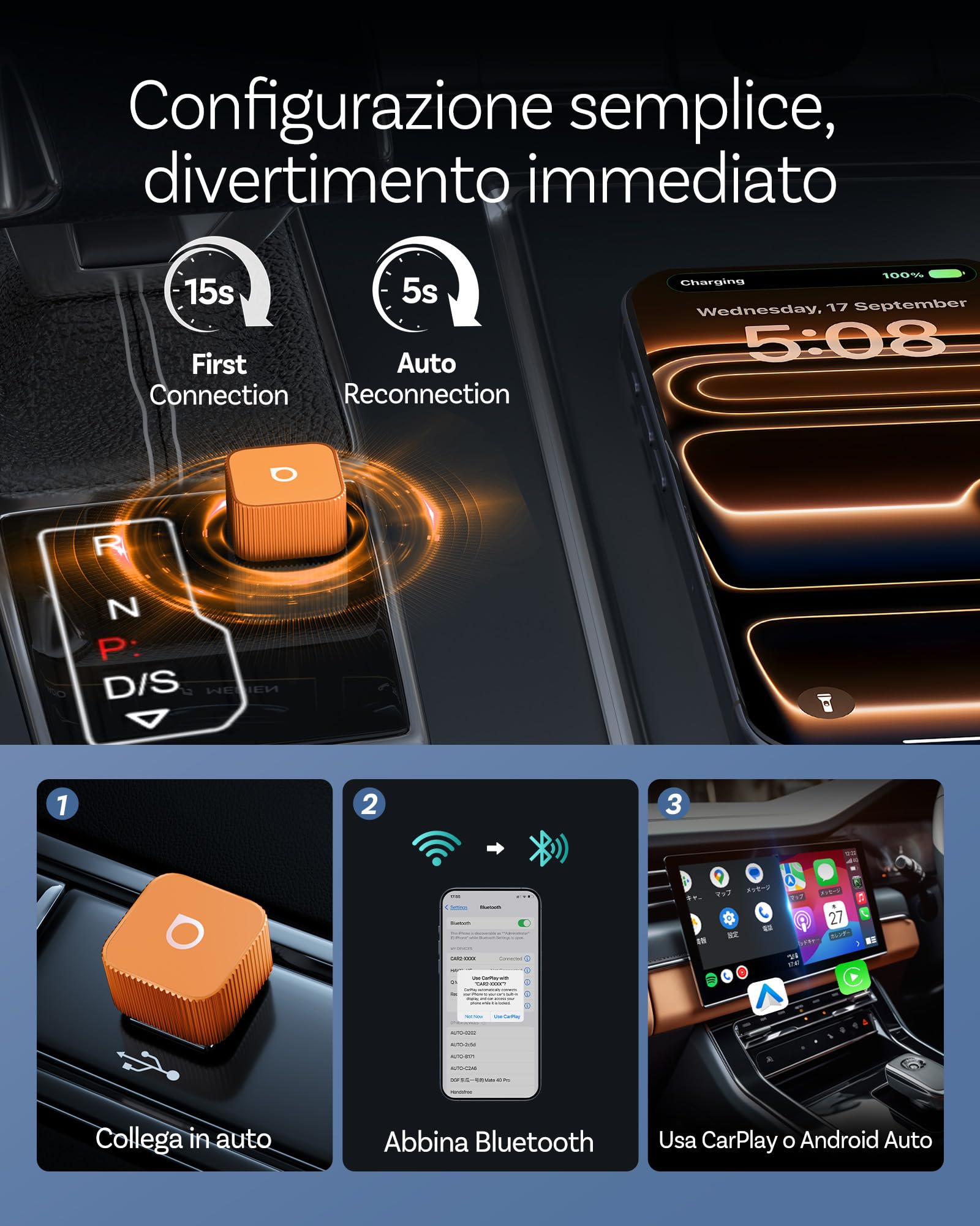 OTTOCAST MINI 3.0 Slim 2026 Adattatore CarPlay Wireless, 2-in-1 per iPhone & Android Auto, Converte CarPlay e Android Auto cablati in modalità senza fili, MINI Cube arancione