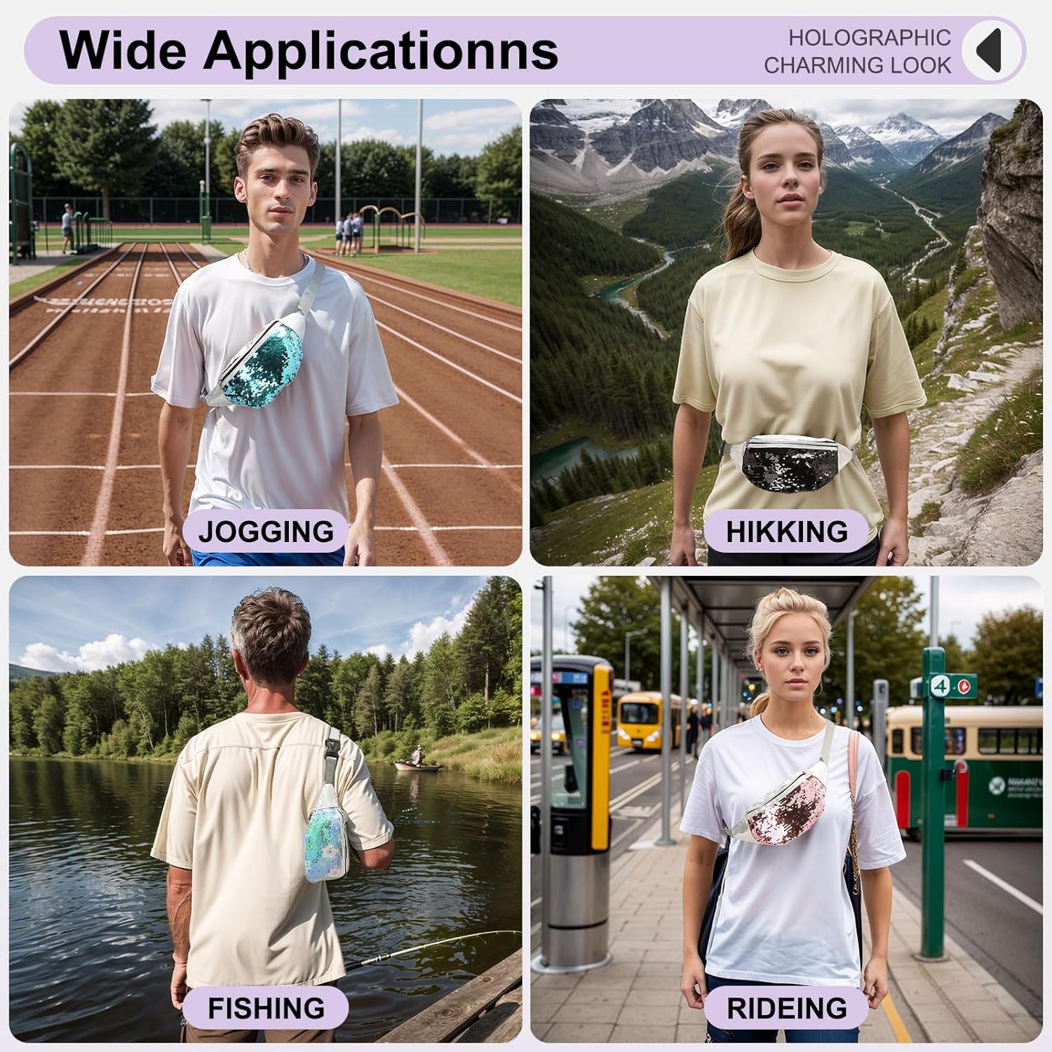 Sequined Fanny Pack for Women, Cute Waist Belt Bag, Crossbody Bag Water Resistant Fashion Small Bum Bag with Adjustable Belt for Running Hiking Shiny Black - Image 6