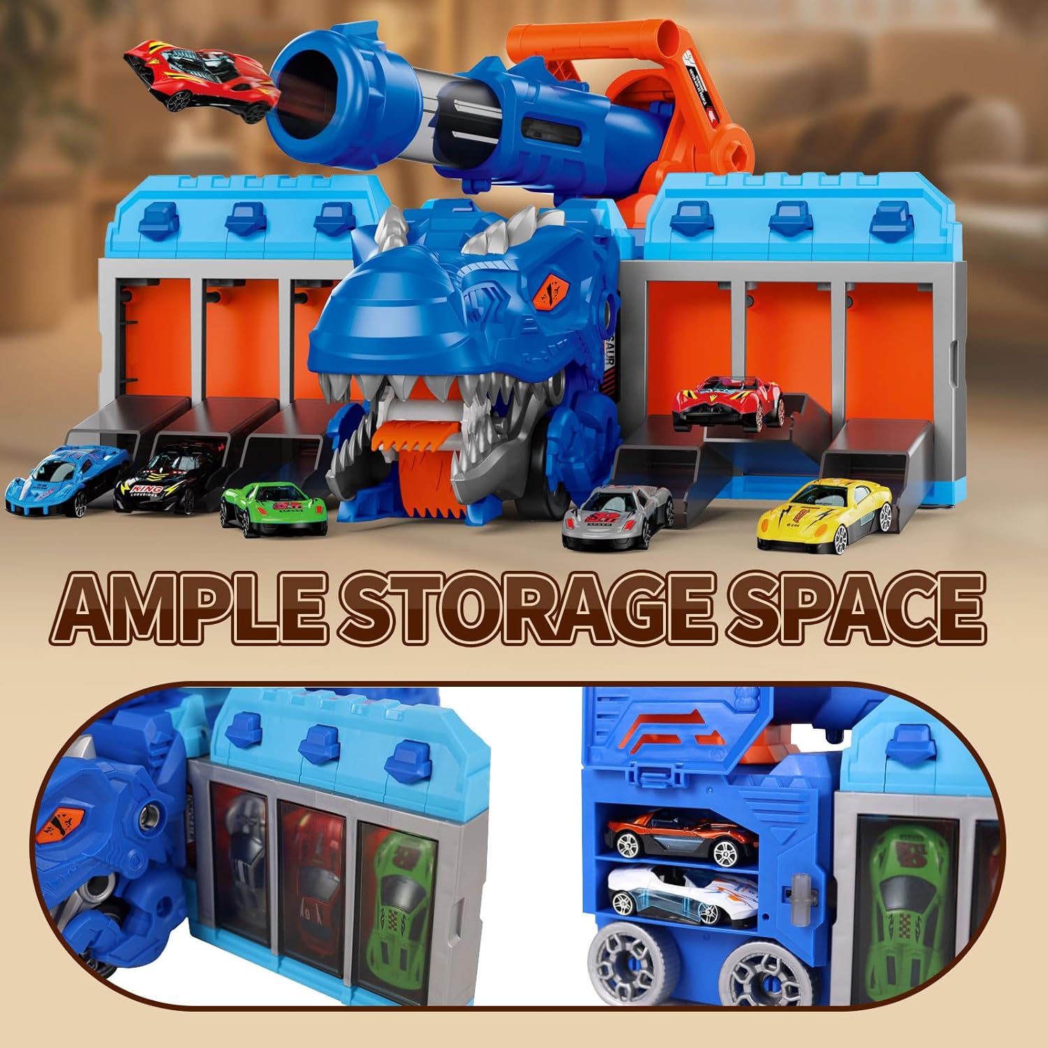 Dinosaur Car Toy for Kids, Launching Truck Toys for Boys 3-8, Foldable Toddler Trucks with 10 Mini Carts & 12 Soft EVA Balls, Ejection Shooting Game Play, Birthday Gifts for Toddler Child