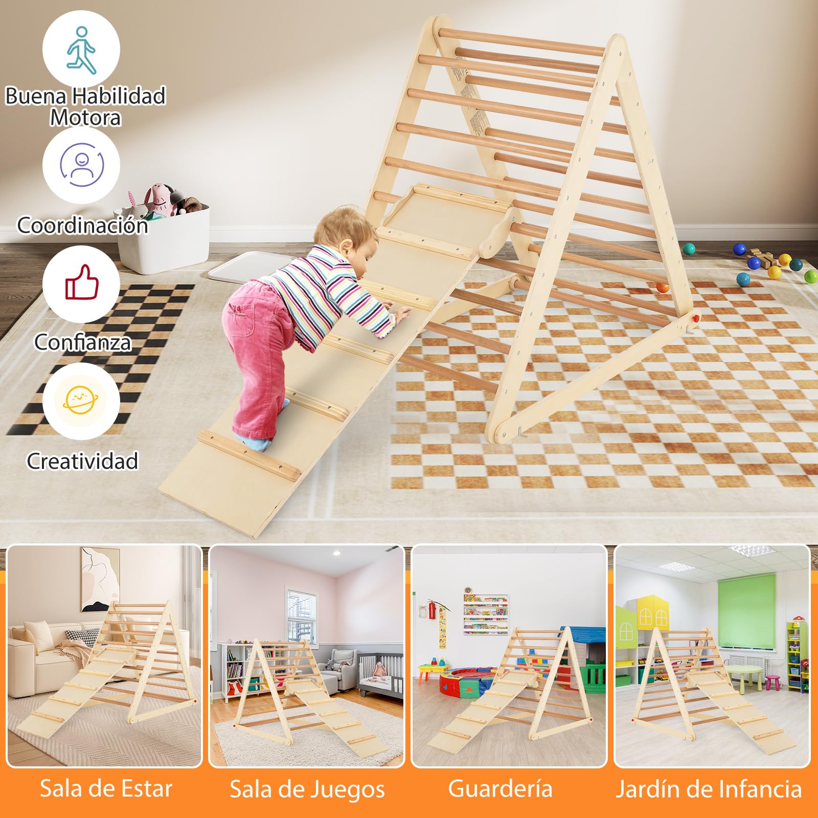 COSTWAY Escalera de Madera Triangular, Escalera Triangular Plegable con Rampa para Escalar y Deslizar, Escalera de Interior con Estructura Triangular para Casa Guardería para Niños y Niñas (Natural)
