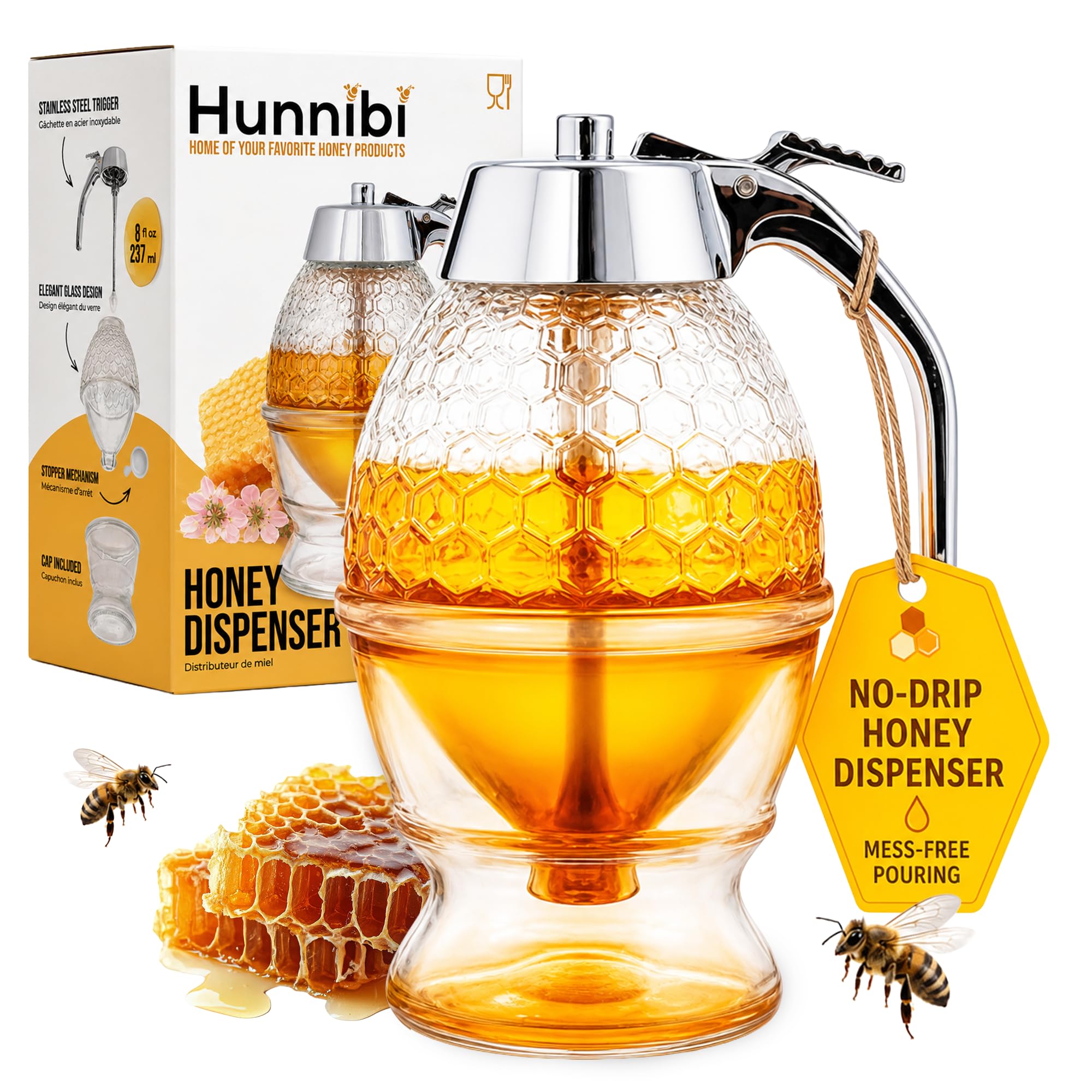Amazon.com: Hunnibi 8oz No Drip Glass Honey Dispenser with Plastic
