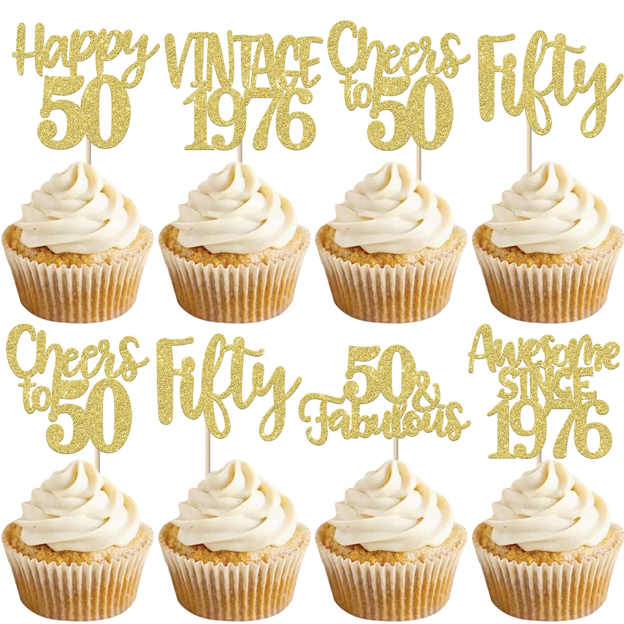 Xsstarmi 24 Pack Gold Happy 50th Birthday Cupcake Toppers Fifty 50 Fabulous Vintage 1976 Cupcake Picks for Awesome Since 1976 Cheers to 50th Birthday Wedding Anniversary Party Cake Decorations