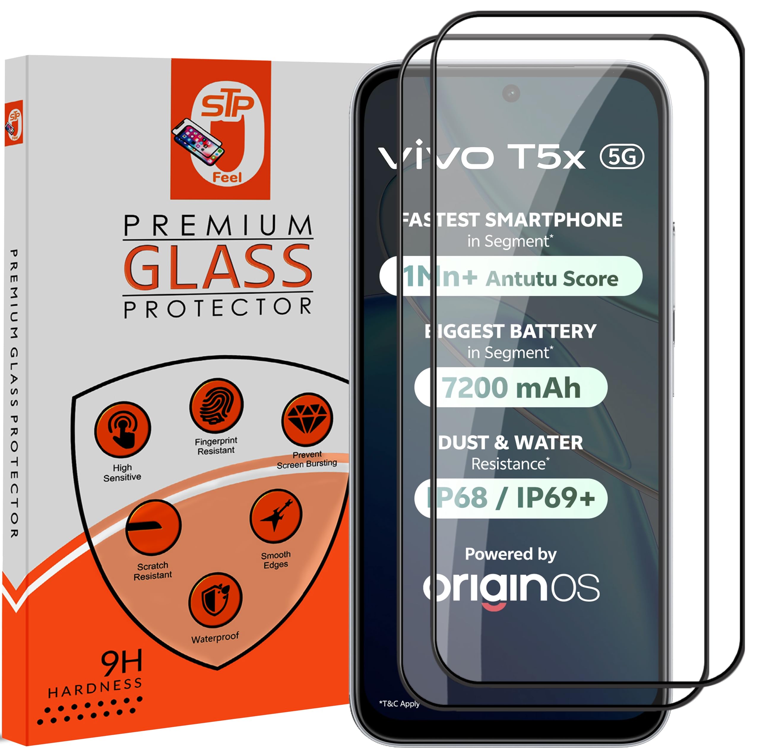 STP FEEL® Premium Tempered Glass Screen Protector Guard Compatible For Vivo T5X 5G (6.72 Inch, Pack of 2) | Edge to Edge Coverage With Easy to installation kit for Smartphone