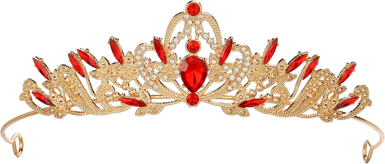 Red Crystal Gold Crown For Luxury Evening Gala & Prom Queen Styling Tiara