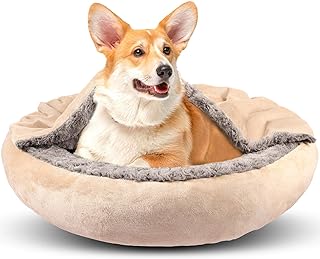GASUR Small Dog Bed & Cat Bed, Round Donut Calming Dog Beds for Small Dogs, 23"/26" Anti-Anxiety Cave Bed with Hooded Blanket, Cozy Puppy Bed and Cat Beds for Indoor Cats, Machine Washable Pet Bed 26"