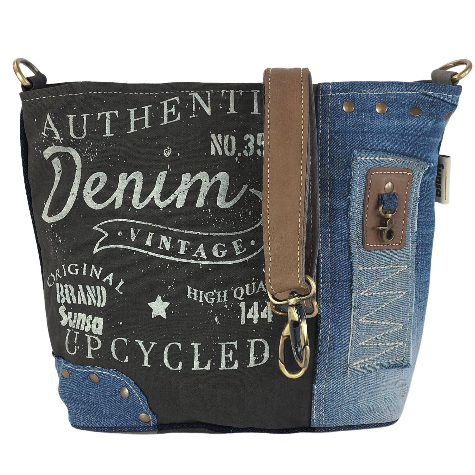 Sunsa Damen Umhängetasche Tasche aus recycelten Jeans Canvas & Leder, Nachhaltige Jeanstasche. Damentasche in Retro/Vintage Design