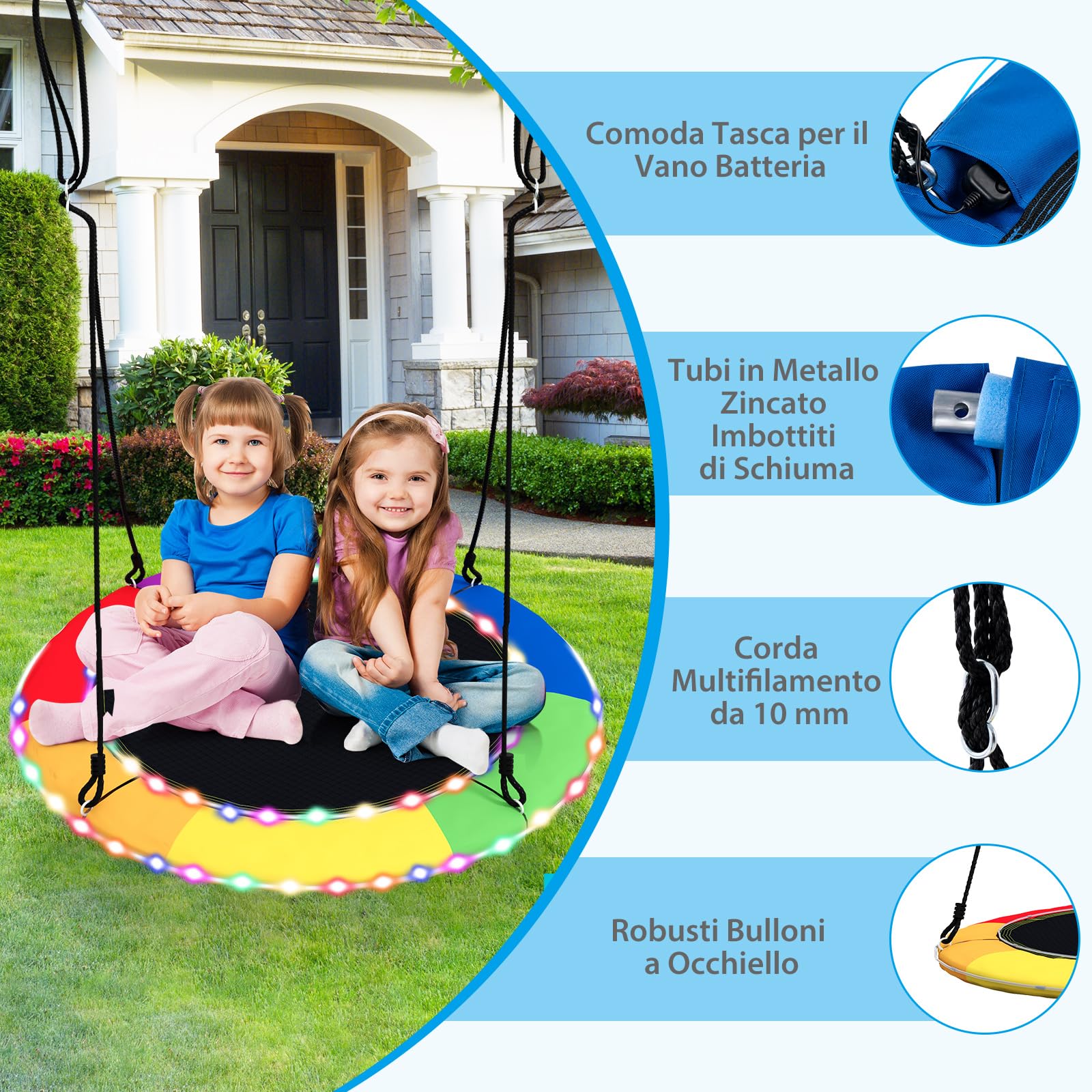 COSTWAY Altalena A Nido Per Bambini, Altalena Rotonda Con Corde Regolabili In Altezza Cuscino E Maniglia Ideale Per Cortile E Giardino Capacit Di Carico 150 Kg 37329465