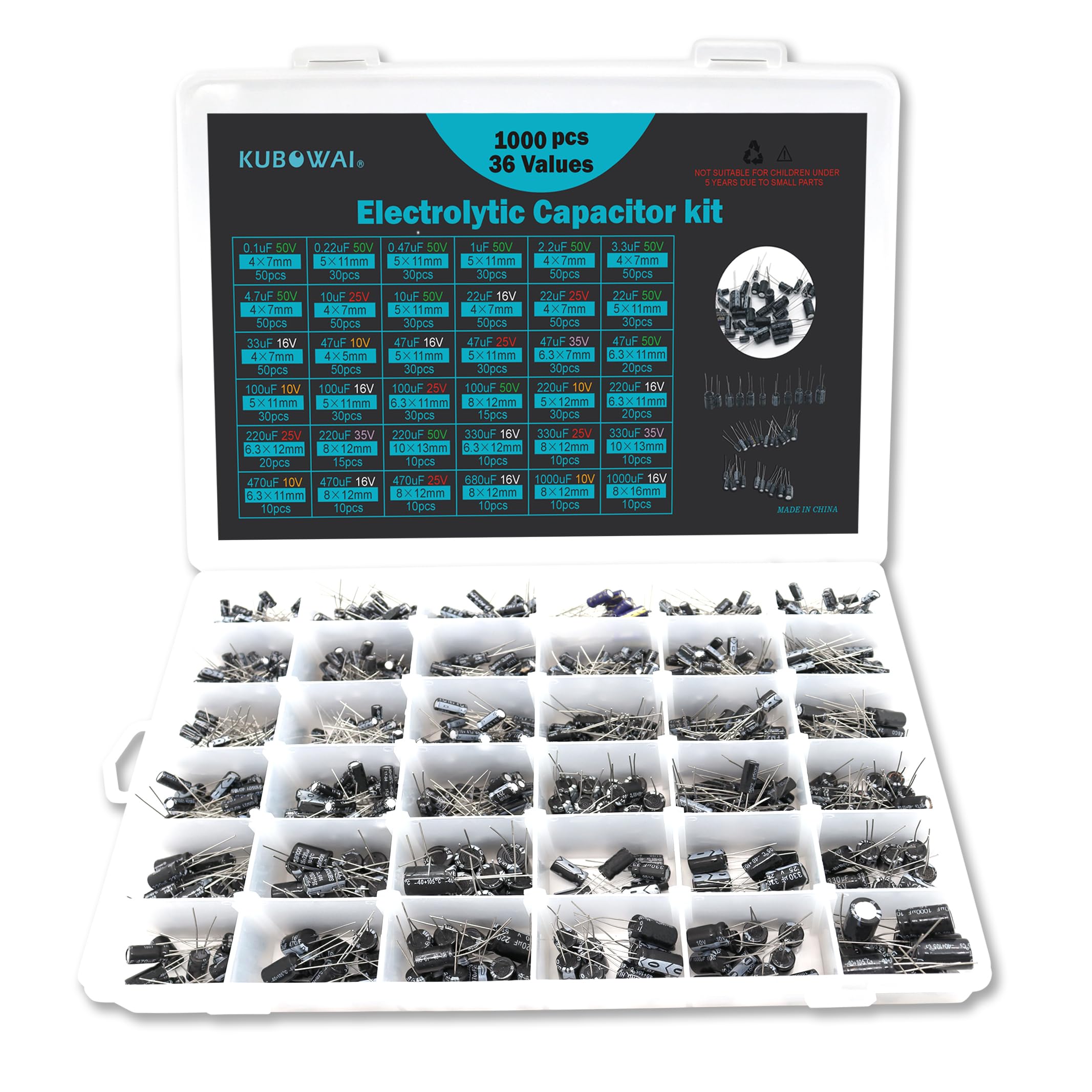 36 Worth 1000 pièces Ensemble de Condensateurs électrolytiques, Banque de Condensateurs en Aluminium, y Compris le Numéro de Modèle 0,1 uF - 1000 uF, 10 V, 16 V, 25 V, 35 V, 50 V