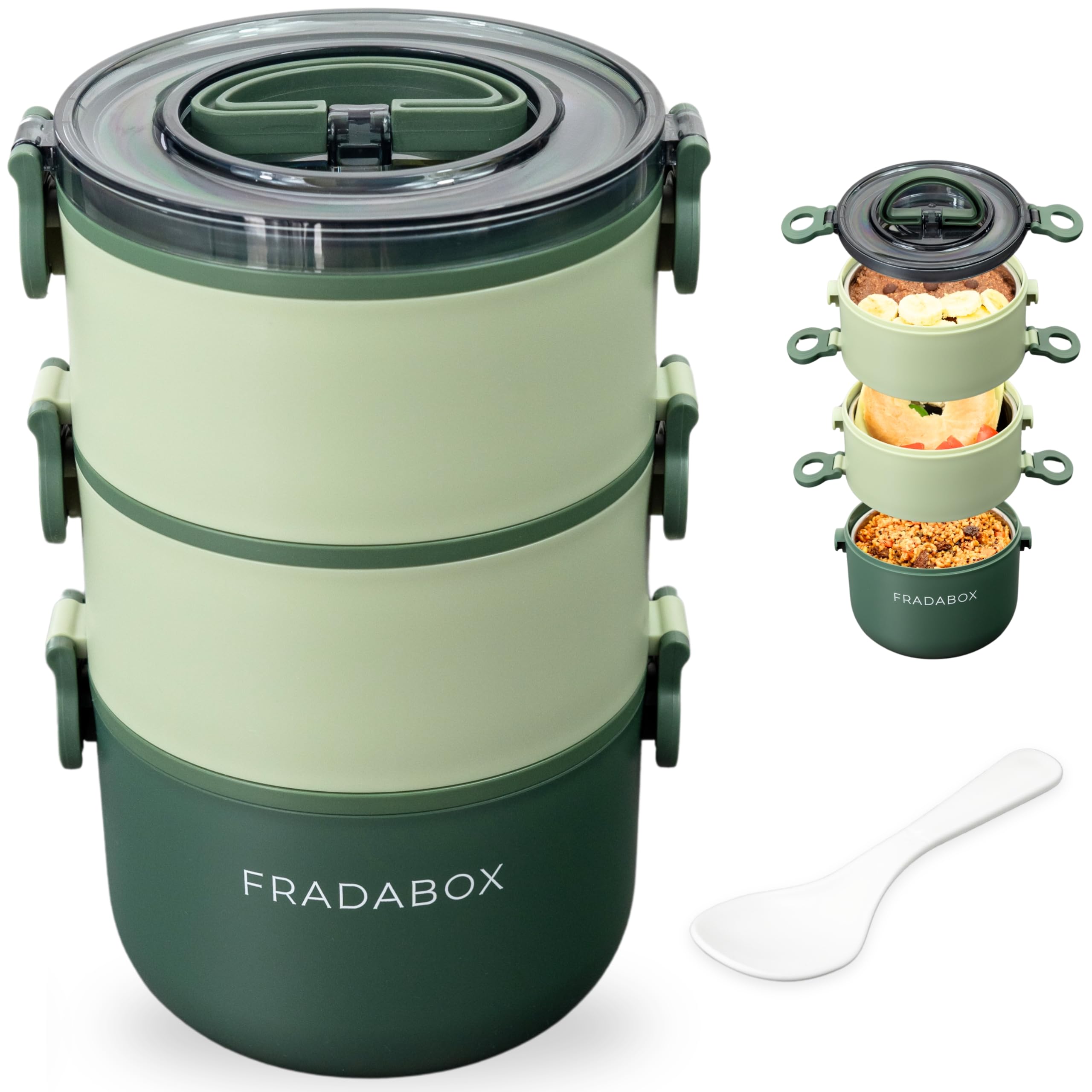Fiambrera Bento Elliot de 2400 ml, 3 niveles con cubiertos, lata de acero inoxidable premium, color verde, sin BPA, fiambrera grande, para adultos, antigoteo y apta para microondas