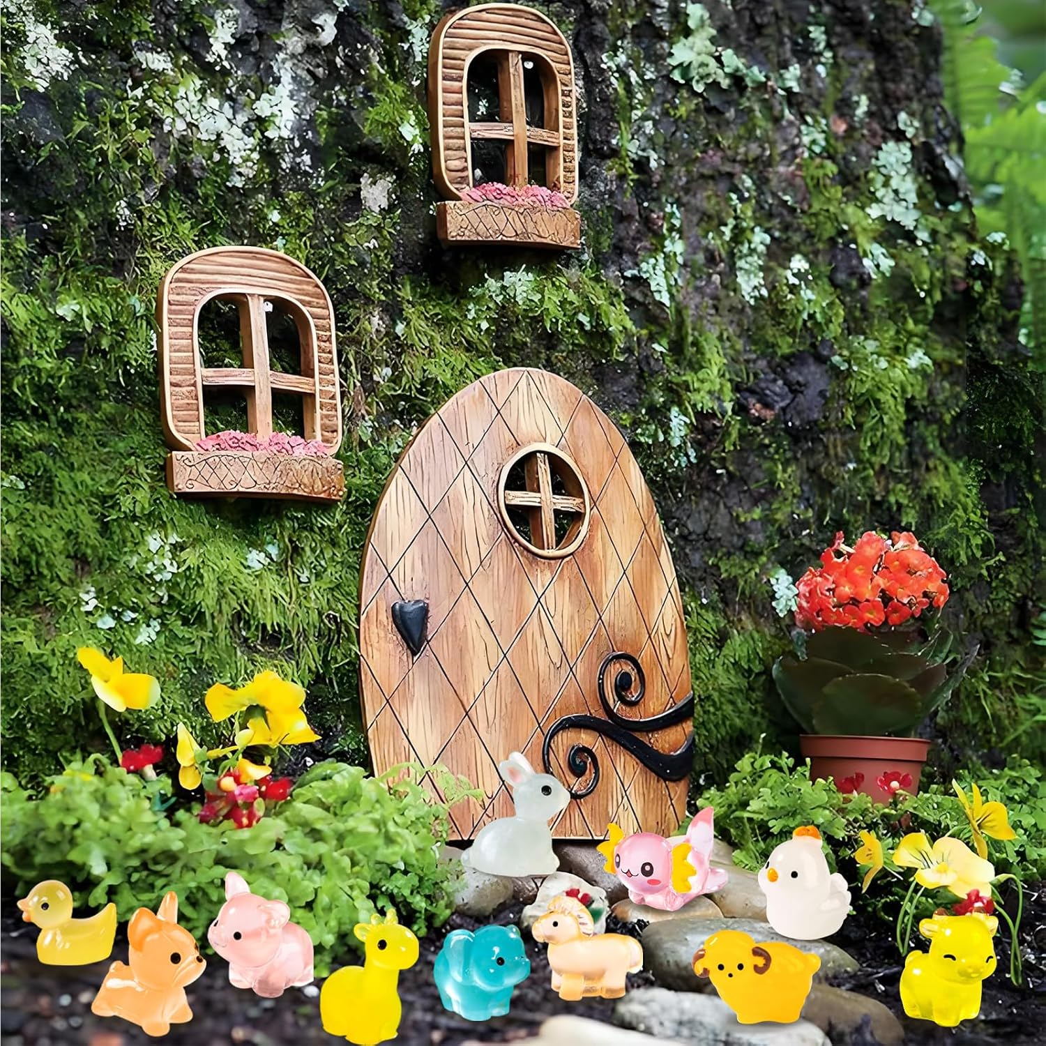 120pcs Various Luminous Mini Resin Animals Mini Ducks Cows Giraffes Tiny Hexagonal Dinosaur Figurines Glow in The Dark Garden Accessories Aquarium Micro Landscape Bonsai Dollhouse Decor