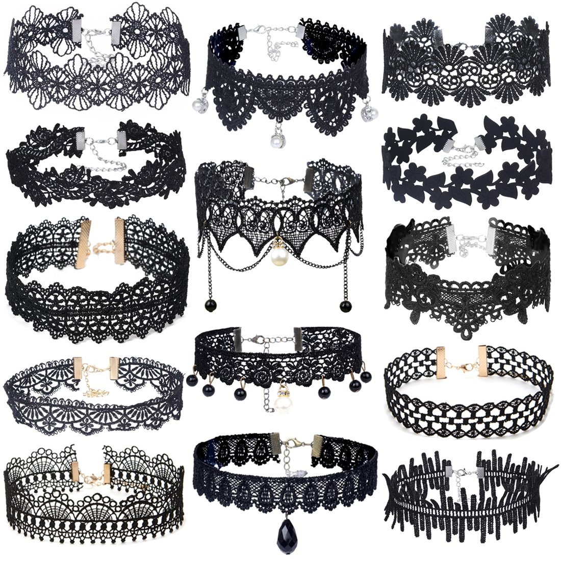 Tpocean 14pcs Women's Tatto Gothic Wide Thick Black Lace Multilayer Choker Necklaces Sets Adjustable for Women Girls
