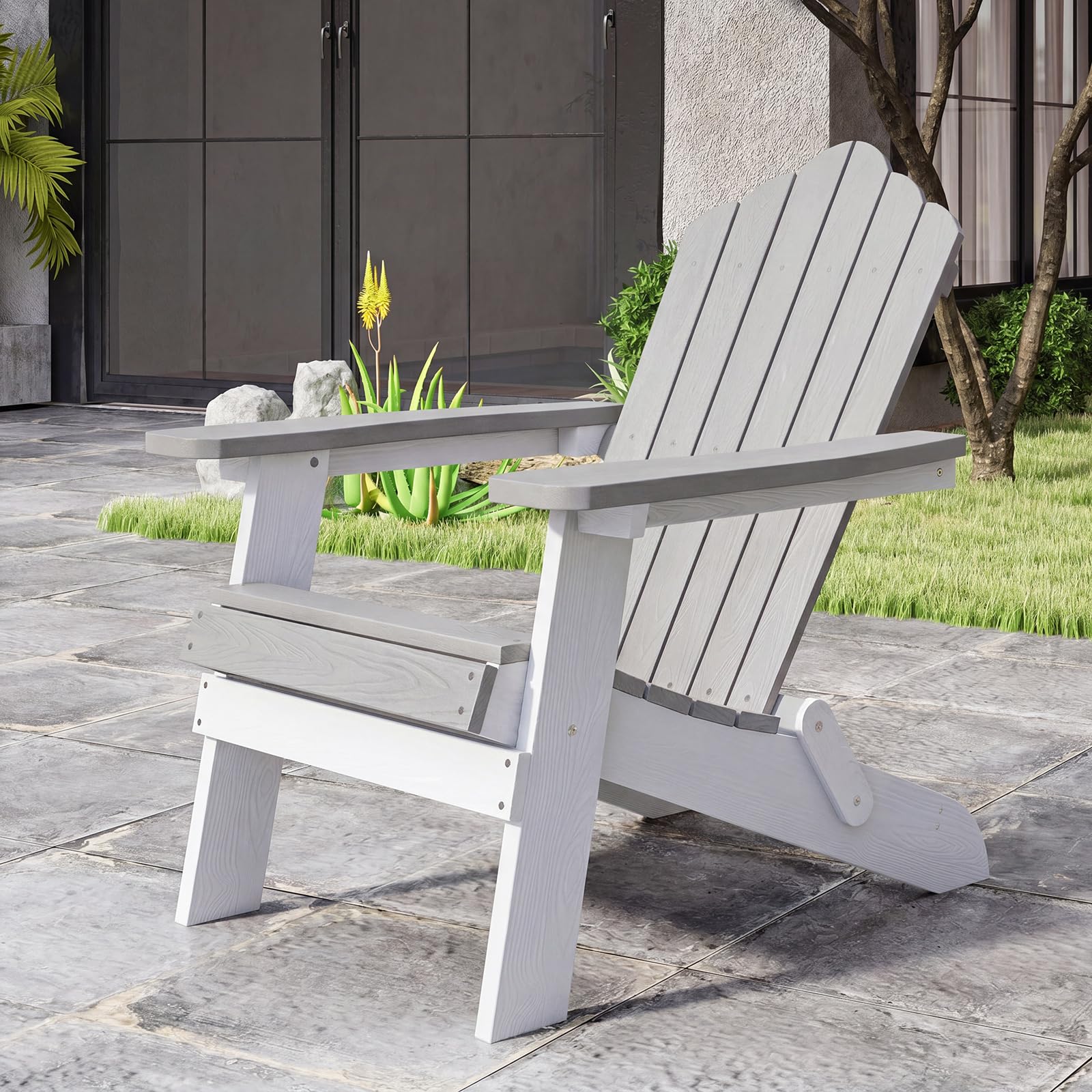COSTWAY Adirondack krzesło składane, odporne na warunki atmosferyczne Adirondack Chair z tworzywa sztucznego, krzesło ogrodowe z wysokim oparciem i szerokimi podłokietnikami do ogrodu, nośność 180 kg