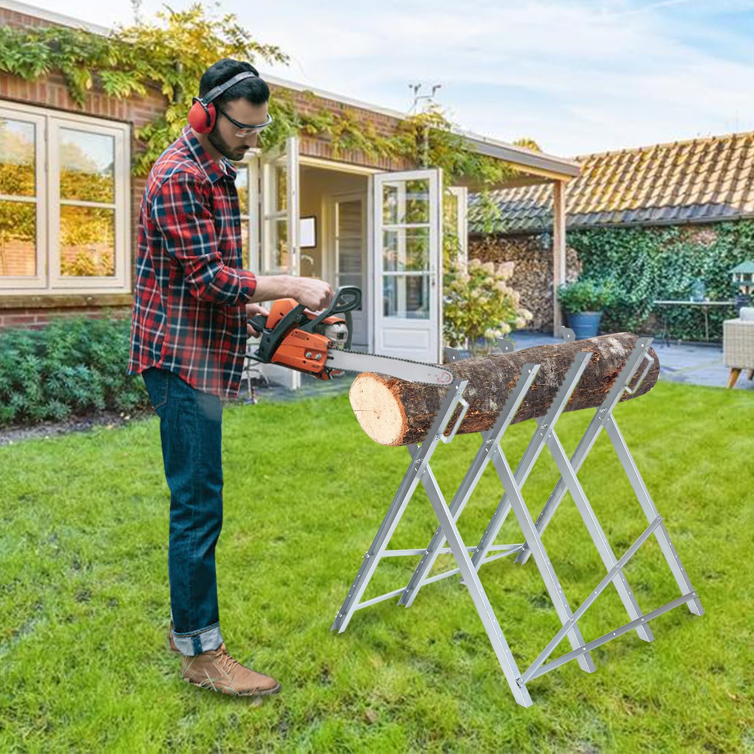 Robusto supporto per sega per legno in acciaio con 4 supporti dentati, zincato, pieghevole, portata fino a 150 kg, supporto per sega a catena, pieghevole per tronchi fino a Ø 23 cm