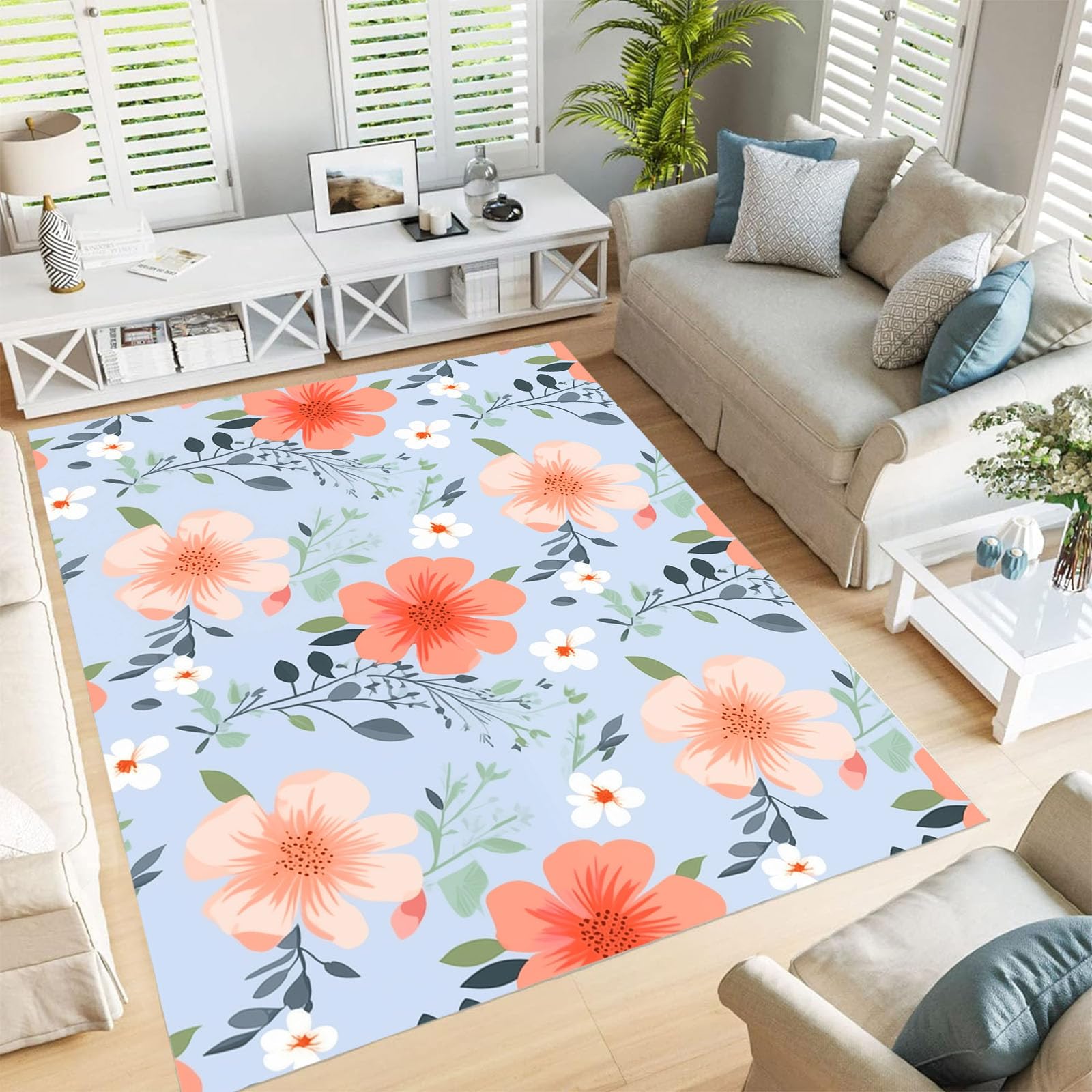 Tapis de salon 60x90cm lavable jolies fleurs bleu tapis cuisine
