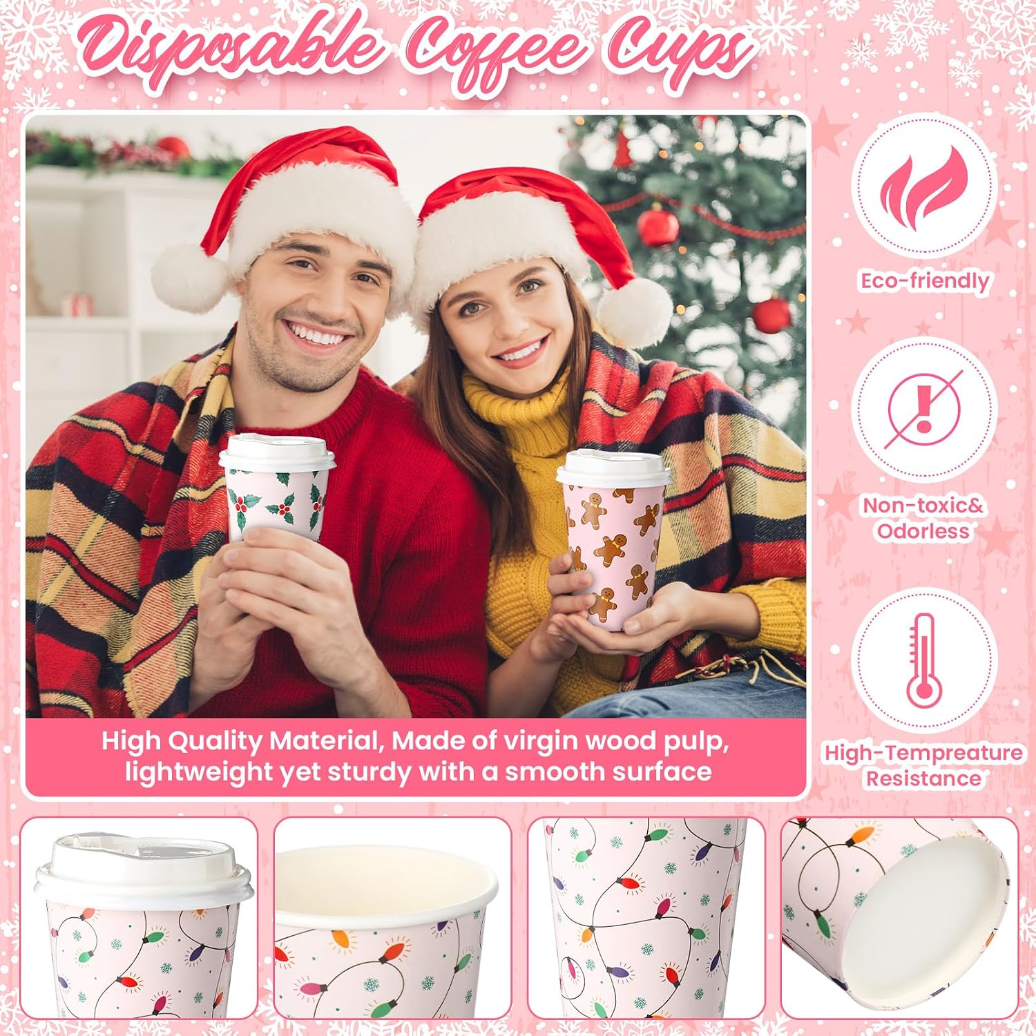 Jingmore 60 Pack Pink Christmas Disposable Coffee Cups with Lids 12 oz Holly and Gingerbread Man Pattern Paper Cups Bulk for Hot Chocolate Tea Coffee Christmas Holiday Party Supplies