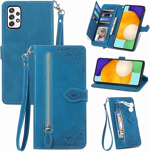 Compatible con Samsung Galaxy A52A52S 5G Funda tipo cartera con correa para la muñeca y soporte de cuero para tarjetas con tapa para teléfono