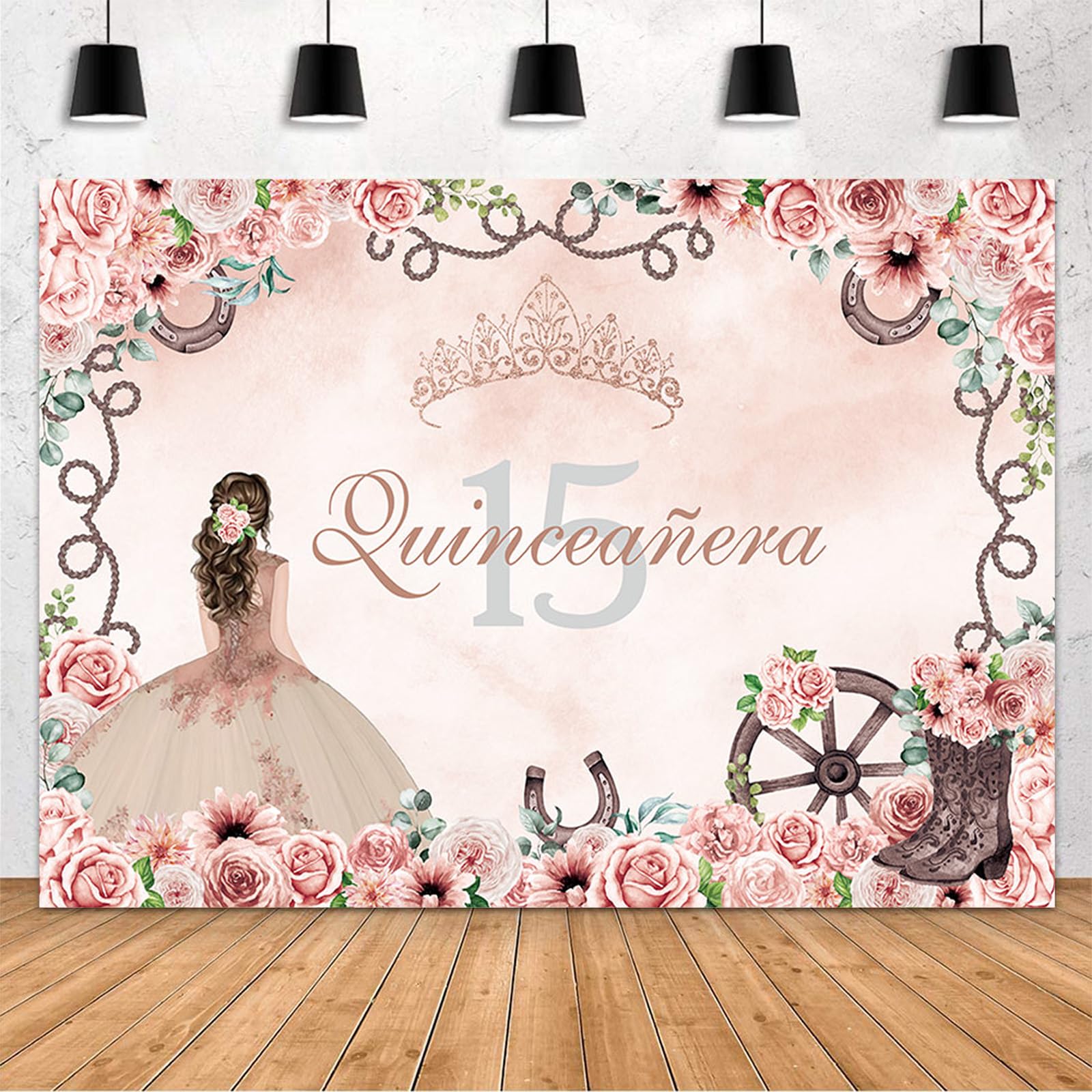 MEHOFOND 7x5ft Western Cowgirl Quinceanera 15th Birthday Backdrop Mexican Fiesta Bday Backdrop Floral Crown Boots Watercolor Photography Background