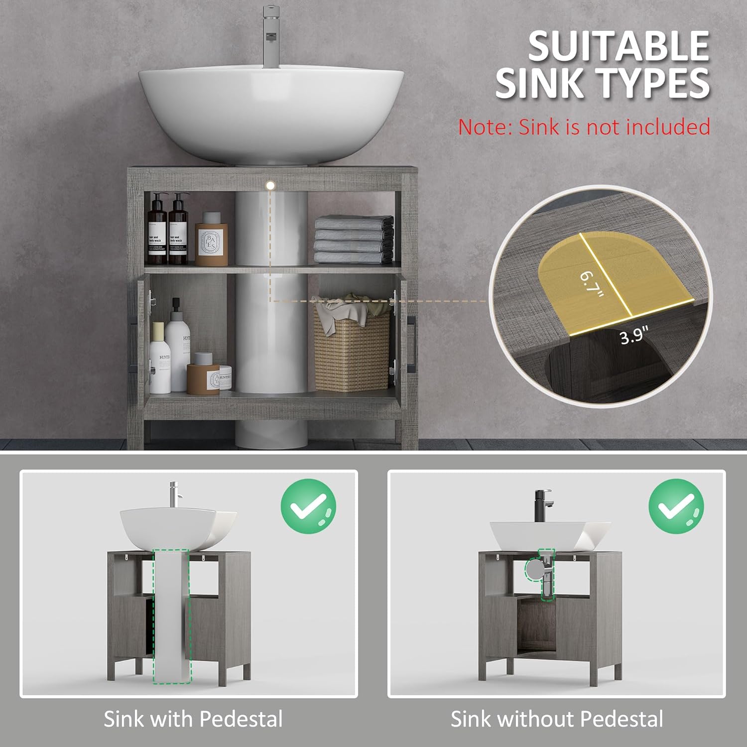 kleankin Pedestal Sink Storage Cabinet, Bathroom Under Sink Cabinet with 2 Doors and Open Shelf, Bathroom Vanity, Gray